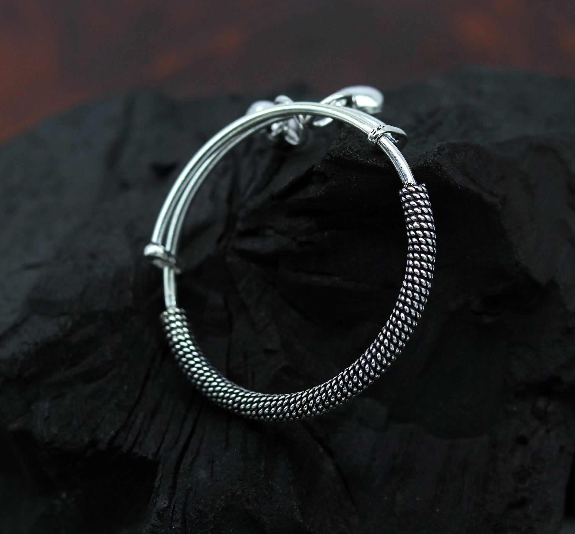 Stylish charm oxidized 925 sterling silver adjustable baby solid bangle bracelet, charm bangle, tribal unisex kids jewelry bbk84 - TRIBAL ORNAMENTS