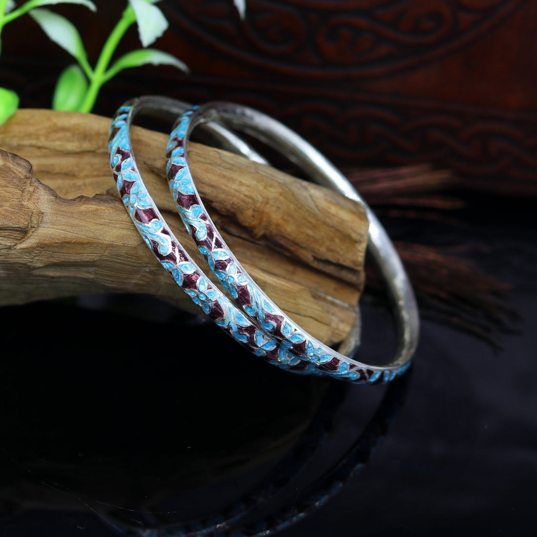 Customized pretty enamel work solid 925 sterling silver bangles kada bracelet for girl's stylish brides tribal jewelry Rajasthan nba110 - TRIBAL ORNAMENTS