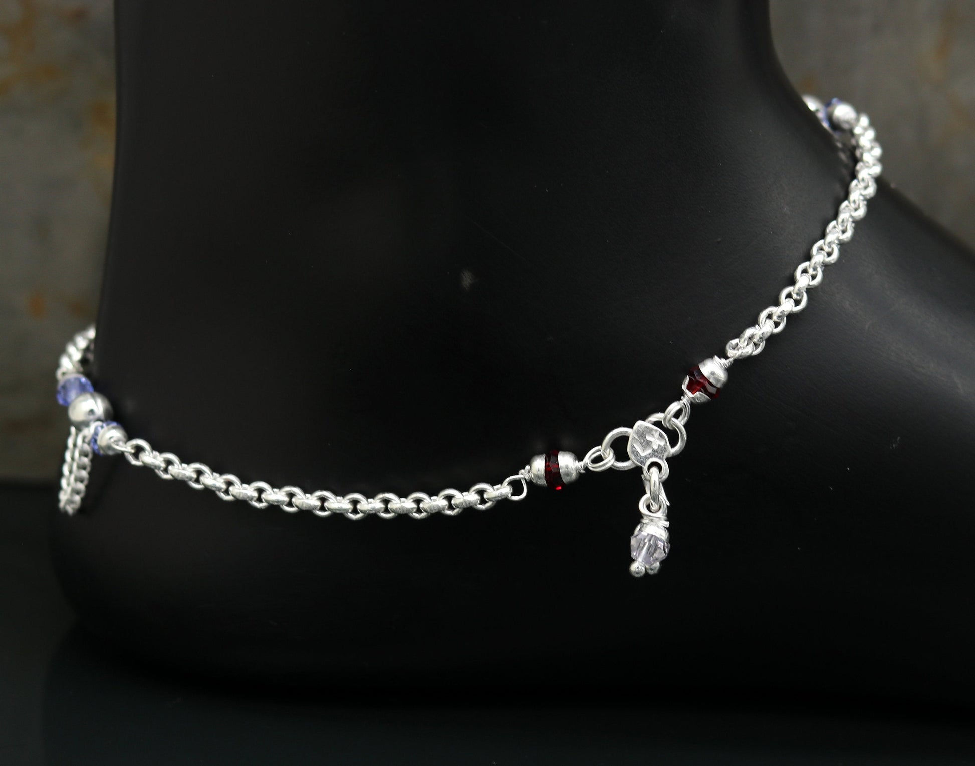 10.0" 925 sterling silver handmade rolo chain beaded anklet bracelet, foot bracelet, fabulous ankle chain bracelet belly dance nank218 - TRIBAL ORNAMENTS