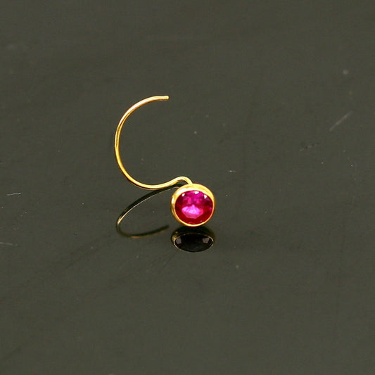 3.5mm tiny 18kt yellow gold handmade single stone nose pin U band nose stud cartilage customized pretty red stone jewelry gnp31 - TRIBAL ORNAMENTS