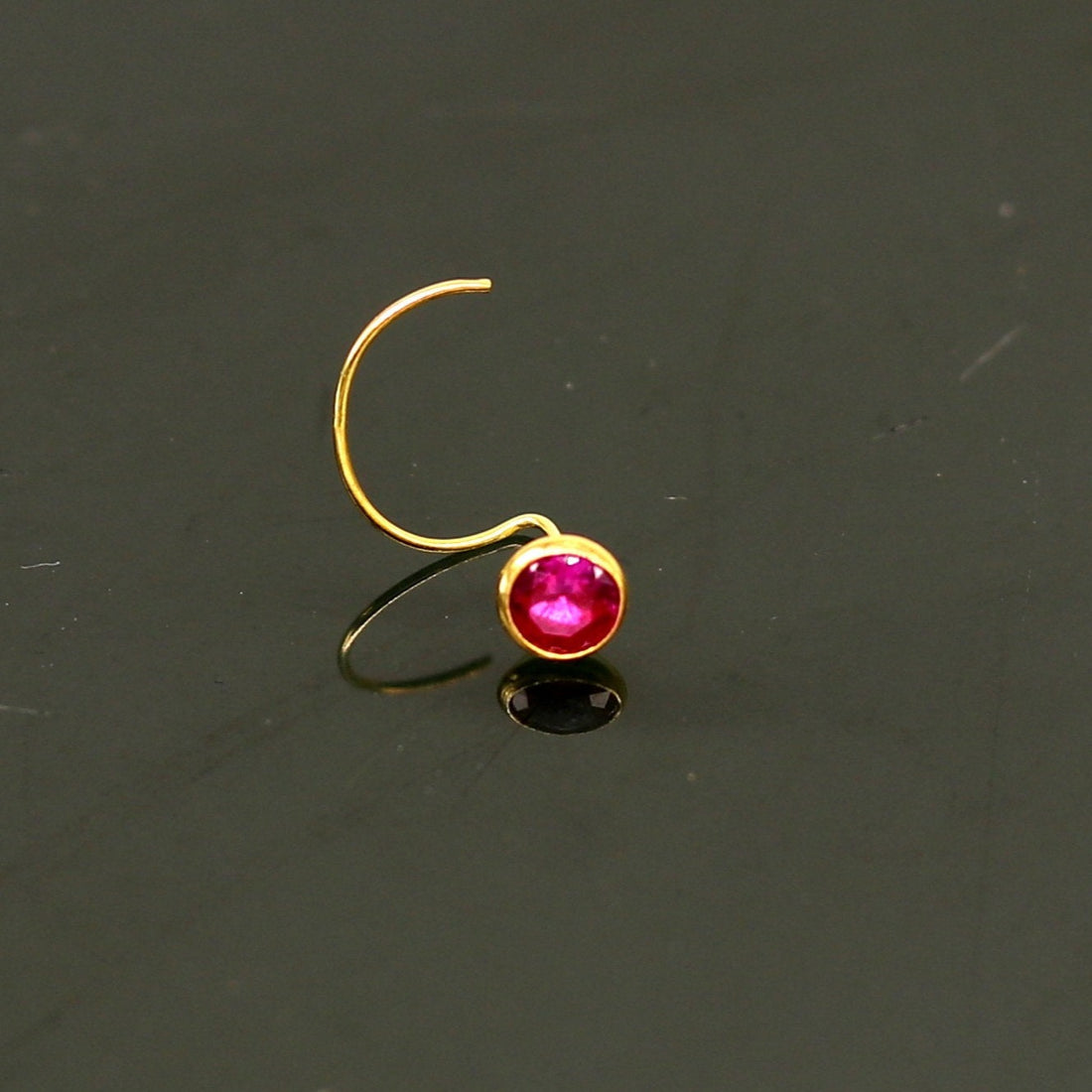 3.5mm tiny 18kt yellow gold handmade single stone nose pin U band nose stud cartilage customized pretty red stone jewelry gnp31 - TRIBAL ORNAMENTS