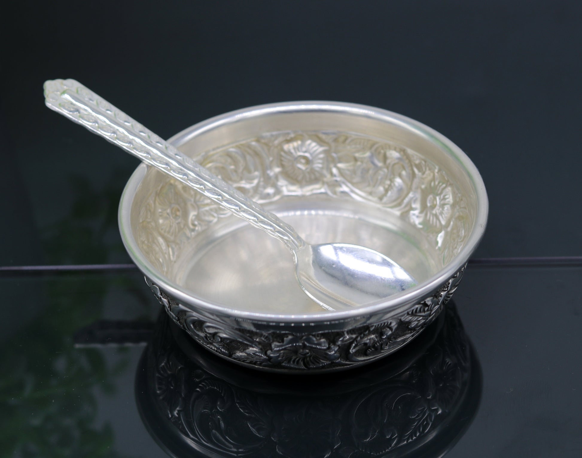 925 sterling silver handcrafted work solid silver bowl and spoon, silver has antibacterial properties, stay healthy, silver vessels sv74 - TRIBAL ORNAMENTS