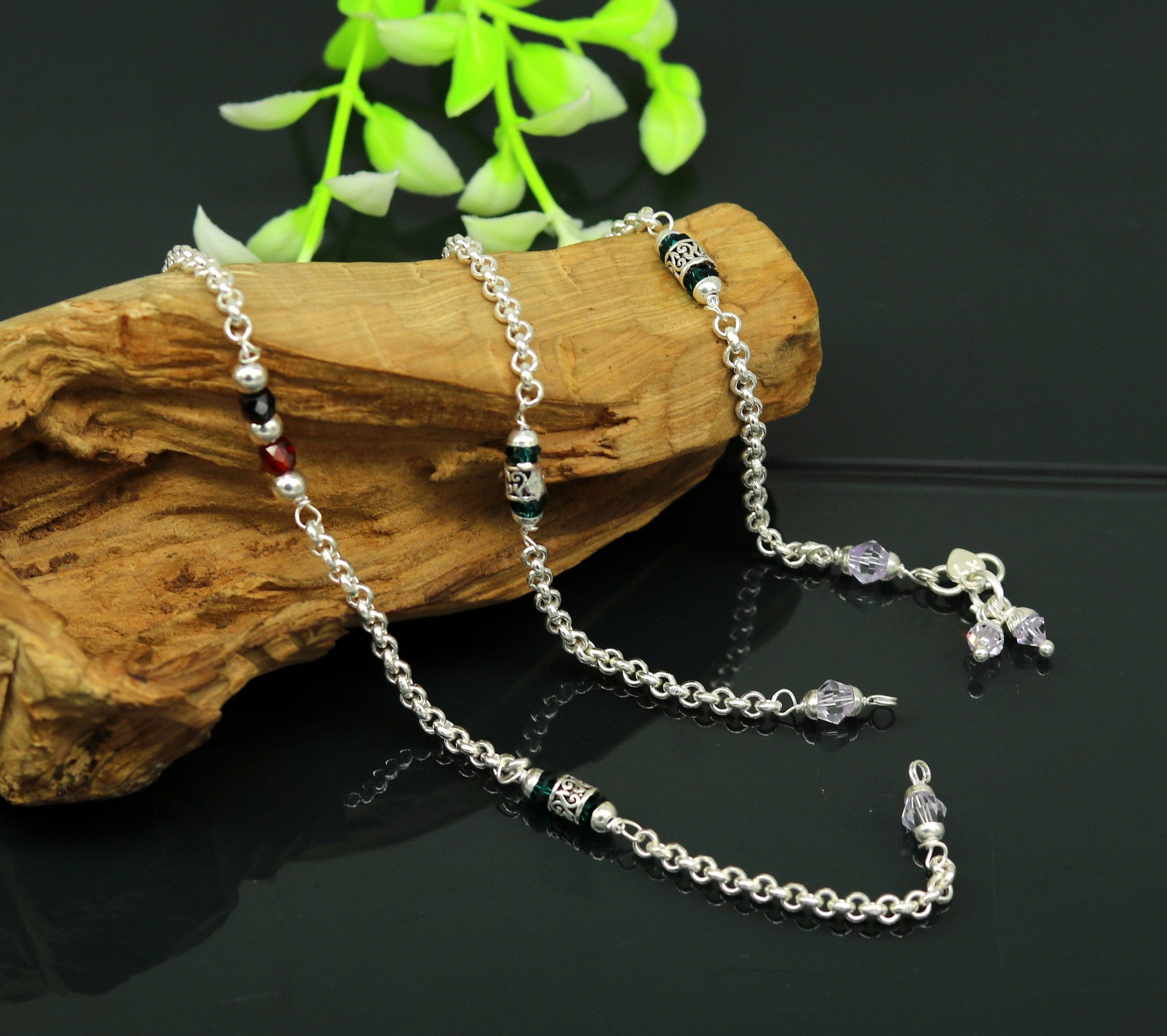 925 sterling silver handmade customized 10" long rolo chain ankle bracelet, anklets, excellent beaded anklet tribal belly dance nank228 - TRIBAL ORNAMENTS