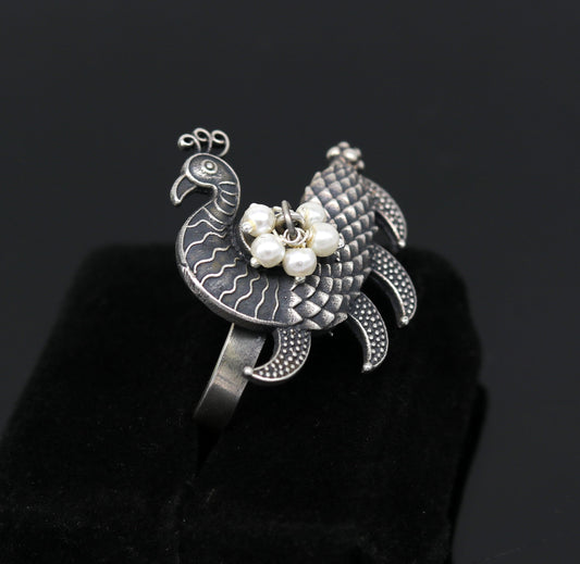 925 sterling silver handmade vintage antique customized peacock style amazing pearl ring, adjustable charm ring, bridesmaid gift ring215 - TRIBAL ORNAMENTS