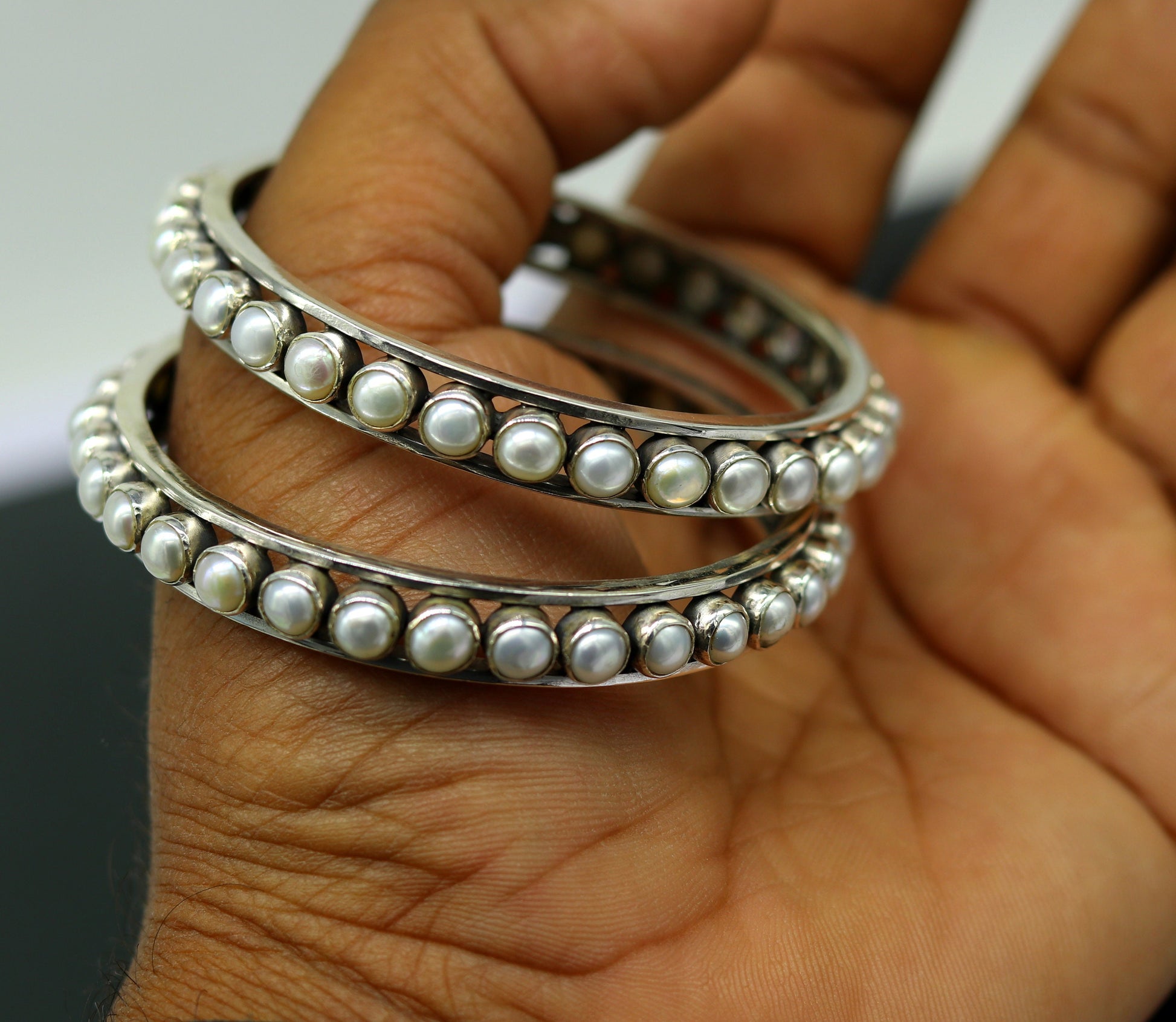 925 sterling silver handmade bangle for Girls, gorgeous natural pearl stone stylish bangle excellent customized tribal jewelry nba91 - TRIBAL ORNAMENTS