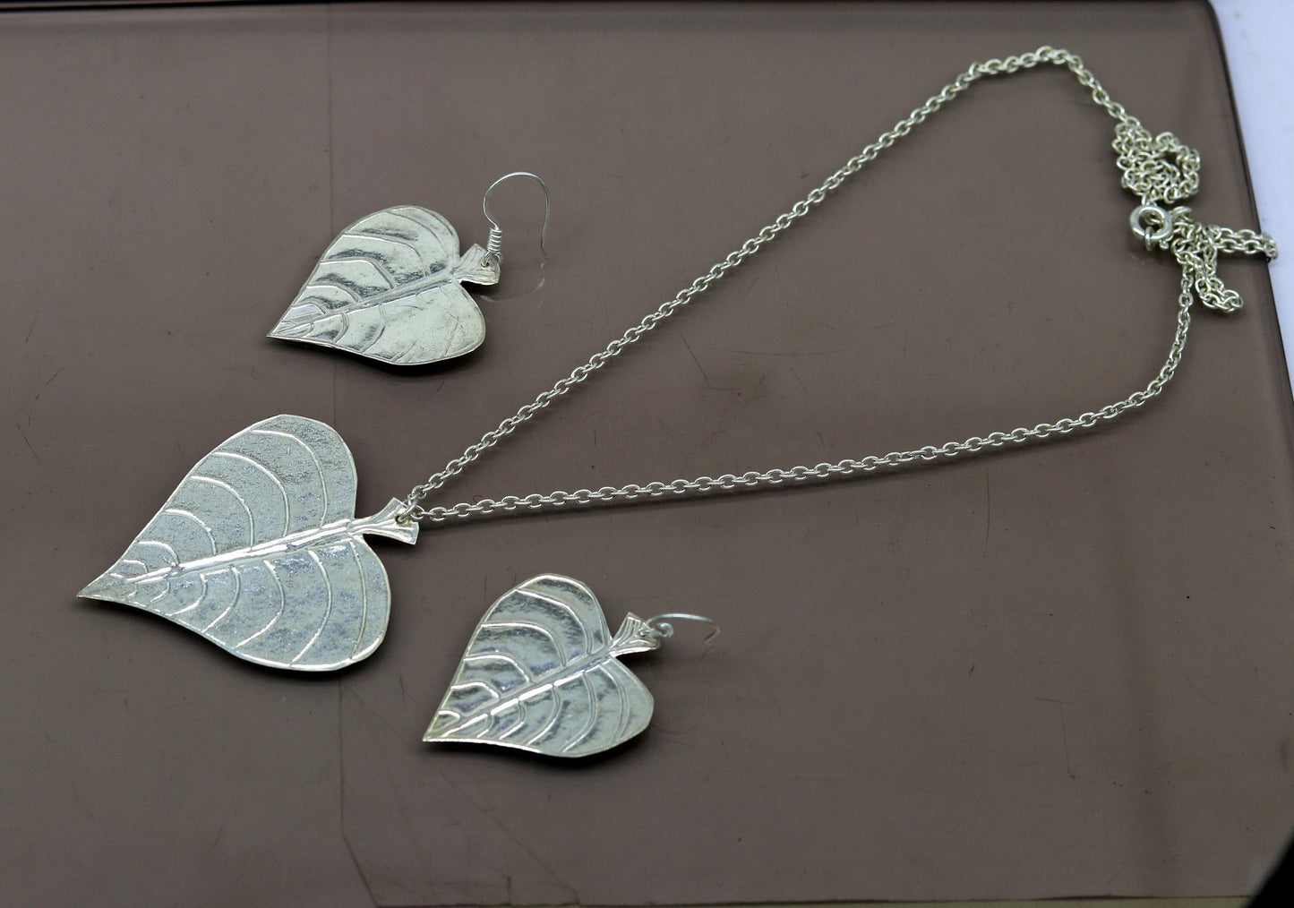 925 sterling silver heart shape peepal tree leaves pendant necklace and hoops earring customized brides jewelry, belly dance jewelry nec68 - TRIBAL ORNAMENTS