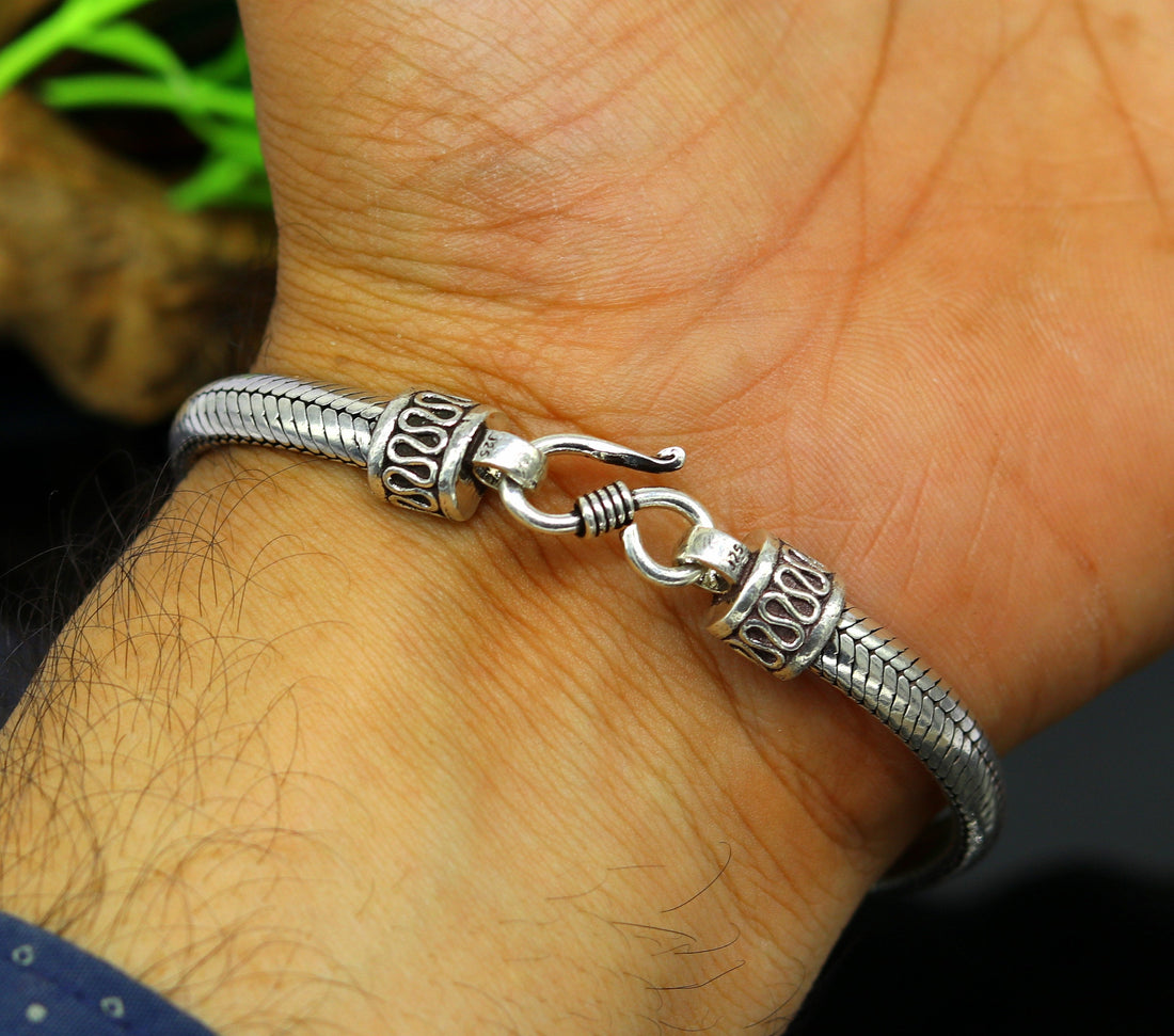 8.5" 925 sterling silver handmade vintage design snake chain style half round D shape bracelet, customized stylish  unisex gift nsbr210 - TRIBAL ORNAMENTS