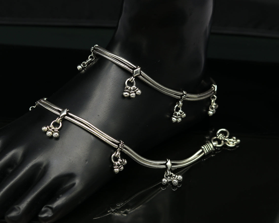 10.5" 925 Sterling silver Vintage style customized snake chain anklets, ankle bracelet, foot bracelet with hanging bells jewelry nank274 - TRIBAL ORNAMENTS