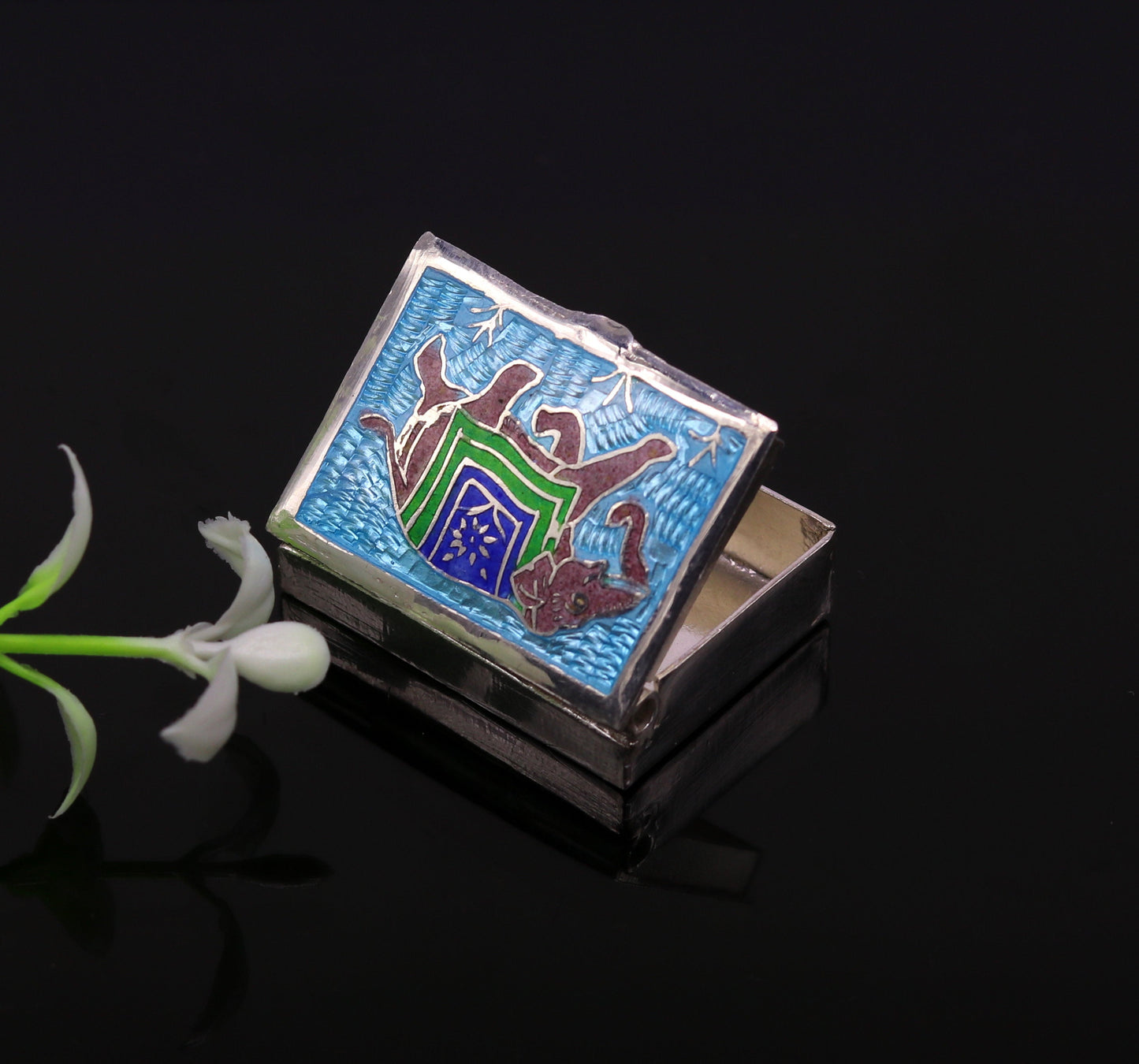 925 sterling silver handmade gorgeous rectangle shape elephant enamel work trinket box, casket box, container box, silver article stb14 - TRIBAL ORNAMENTS