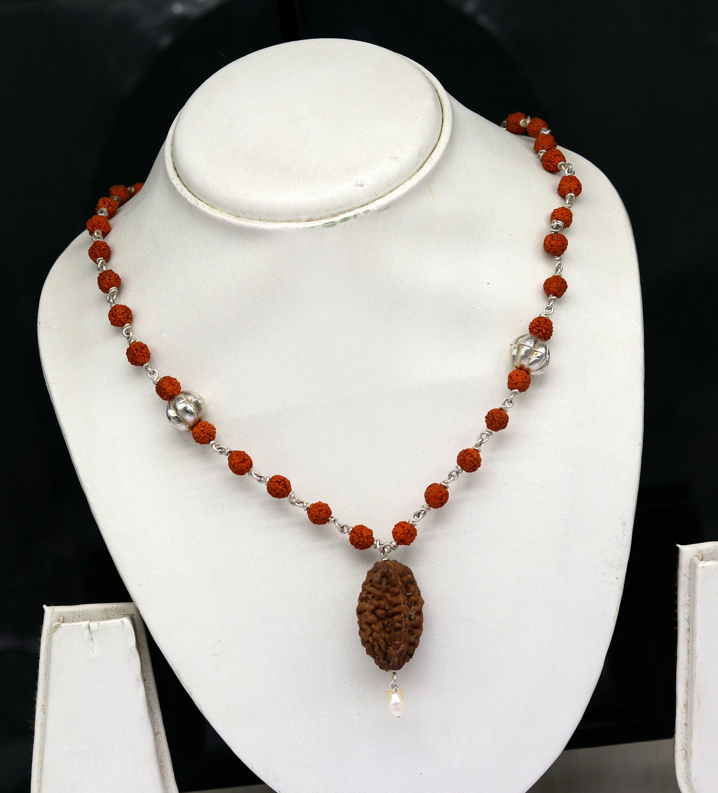 Natural rudraksha beads 20" long necklace, sterling silver chain necklace tribal customized personalized necklace unisex jewelry set127 - TRIBAL ORNAMENTS