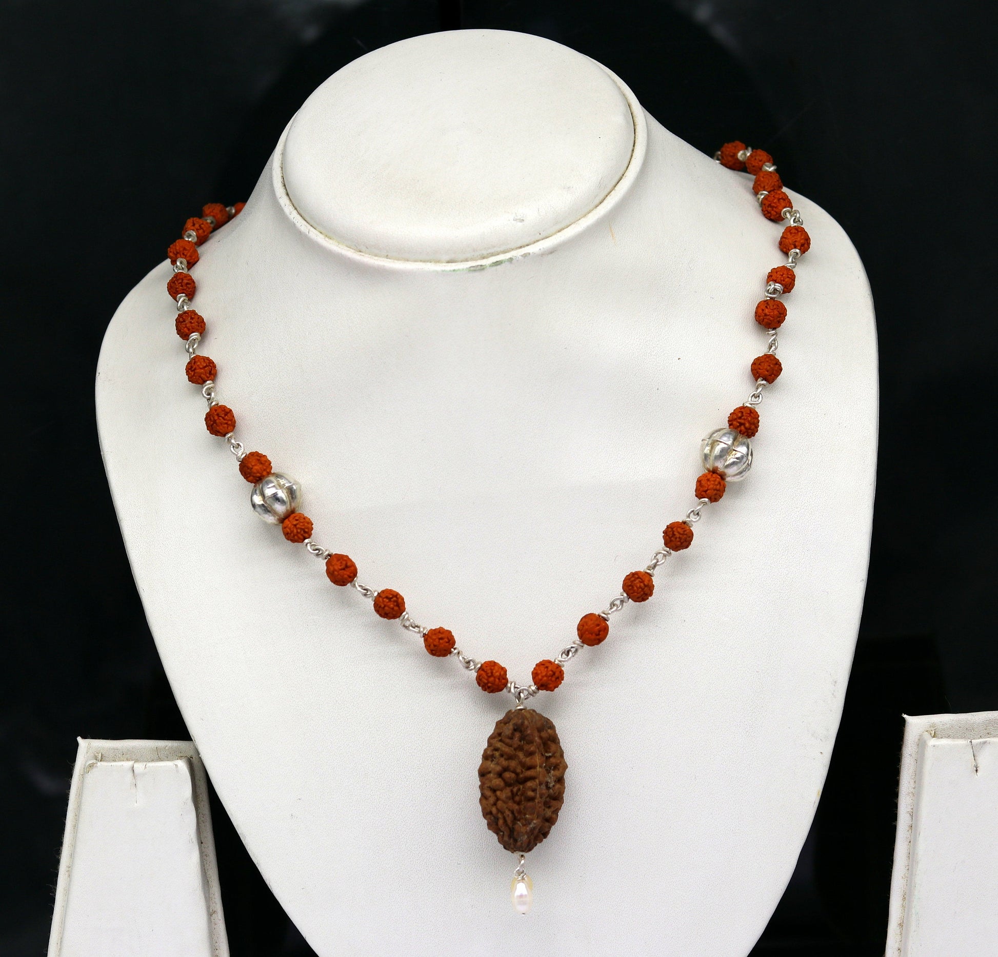 Natural rudraksha beads 20" long necklace, sterling silver chain necklace tribal customized personalized necklace unisex jewelry set127 - TRIBAL ORNAMENTS