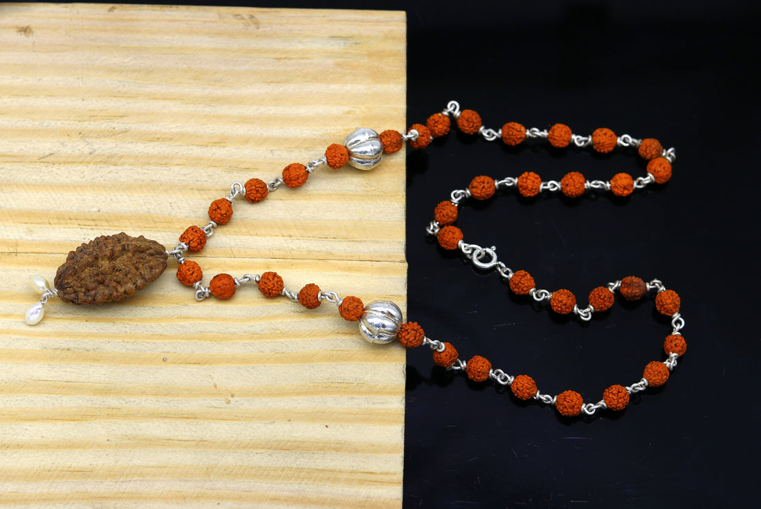 Natural rudraksha beads 20" long necklace, sterling silver chain necklace tribal customized personalized necklace unisex jewelry set127 - TRIBAL ORNAMENTS