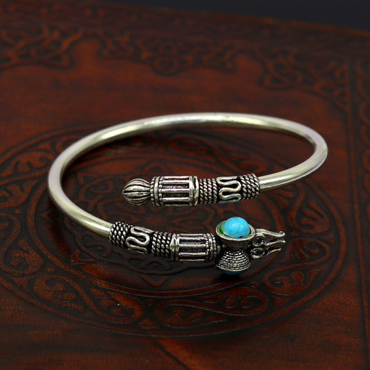 Pure 925 sterling silver blue turquoise stone bahubali shiva kada trishul kada bangle bracelet unisex vintage design jewelry gift nssk333 - TRIBAL ORNAMENTS