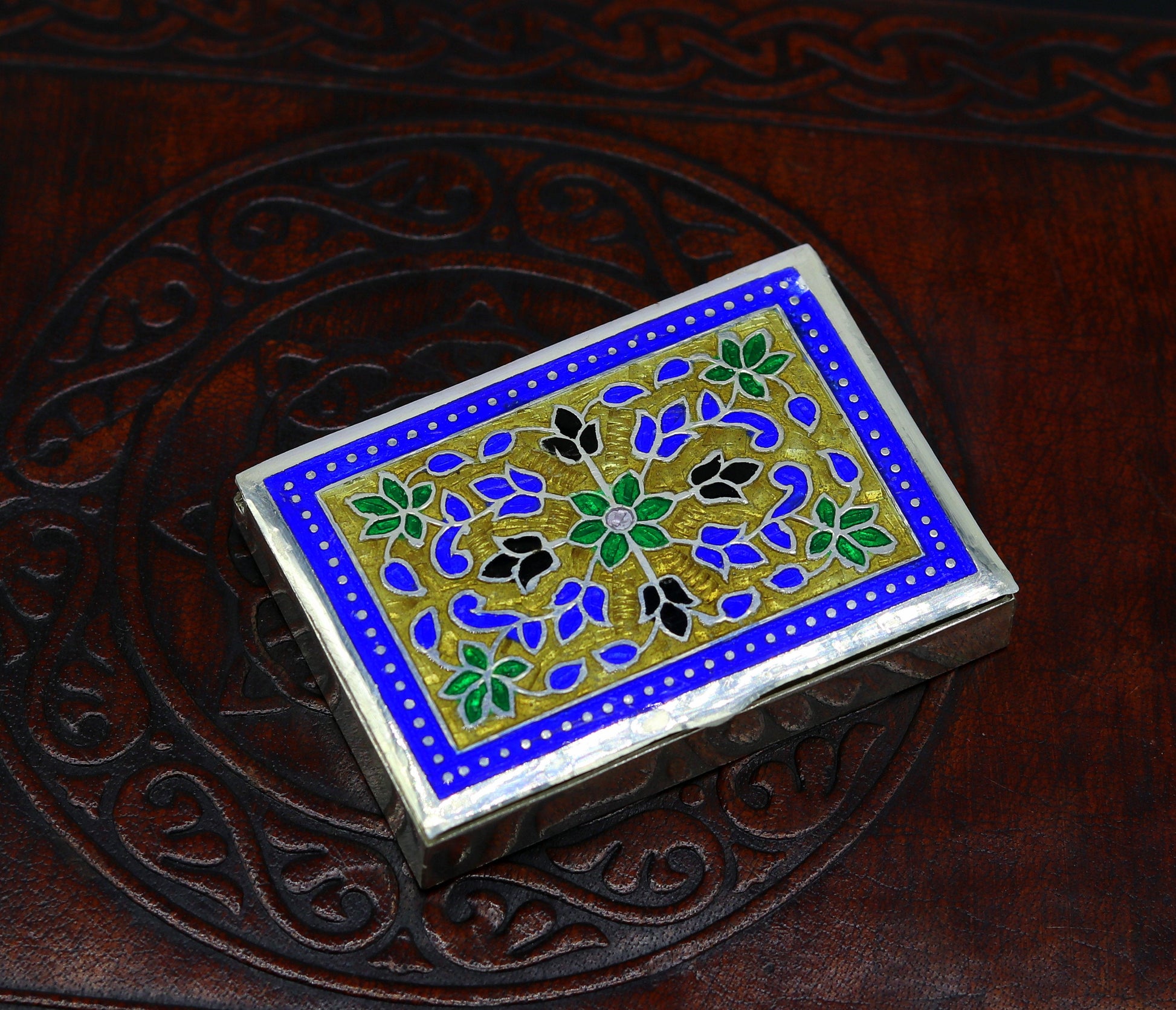 Awesome vintage style 925 pure silver green floral enamel work trinket box, jewelry box, pills box, silver articles brides gifting stb22 - TRIBAL ORNAMENTS