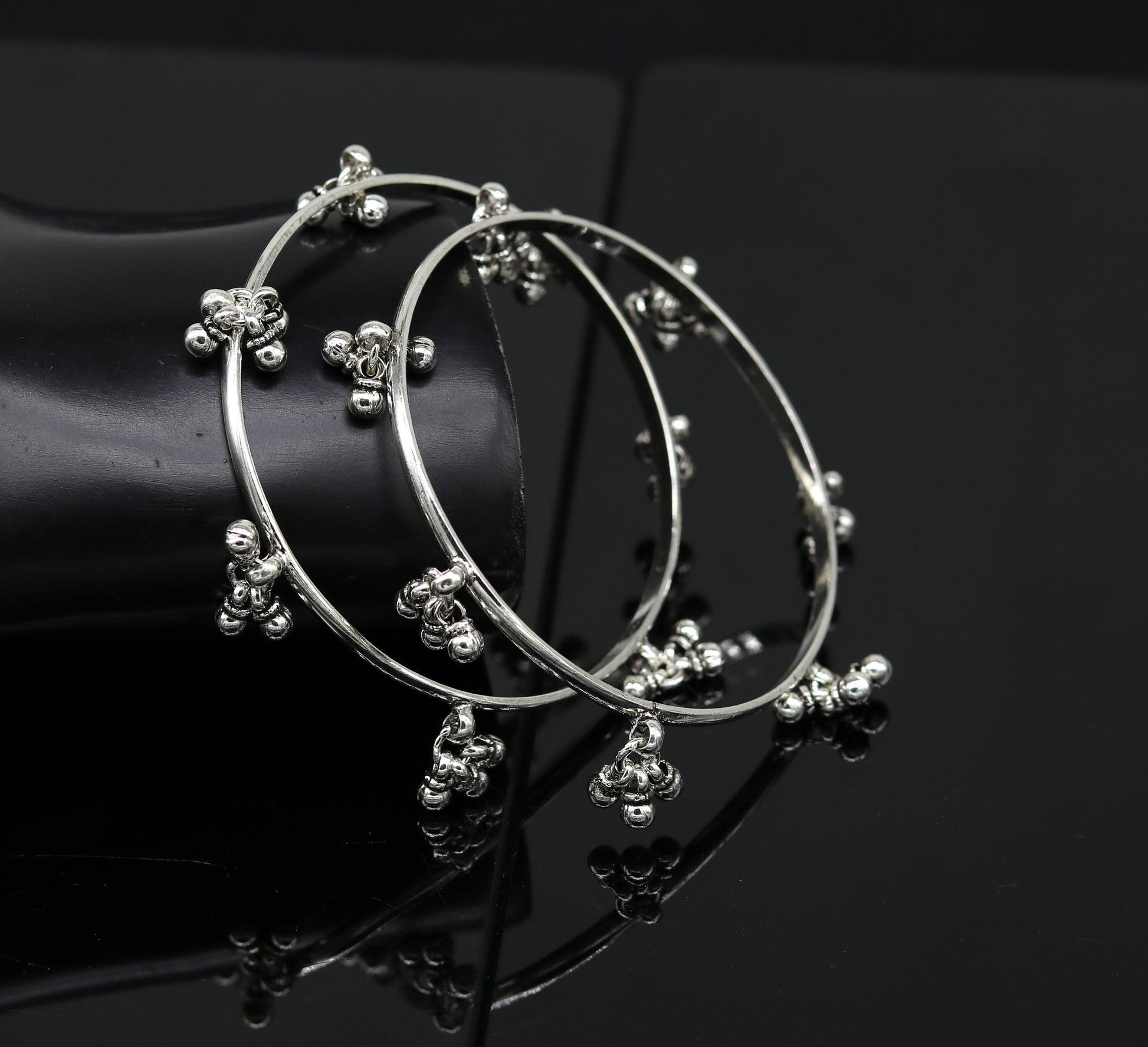 925 sterling silver handmade customized excellent hanging bells bridesmaid bangle bracelet kada , wedding personalized gifting jewelry ba91 - TRIBAL ORNAMENTS