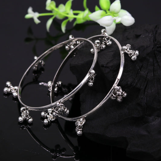 925 sterling silver handmade customized excellent hanging bells bridesmaid bangle bracelet kada , wedding personalized gifting jewelry ba90 - TRIBAL ORNAMENTS