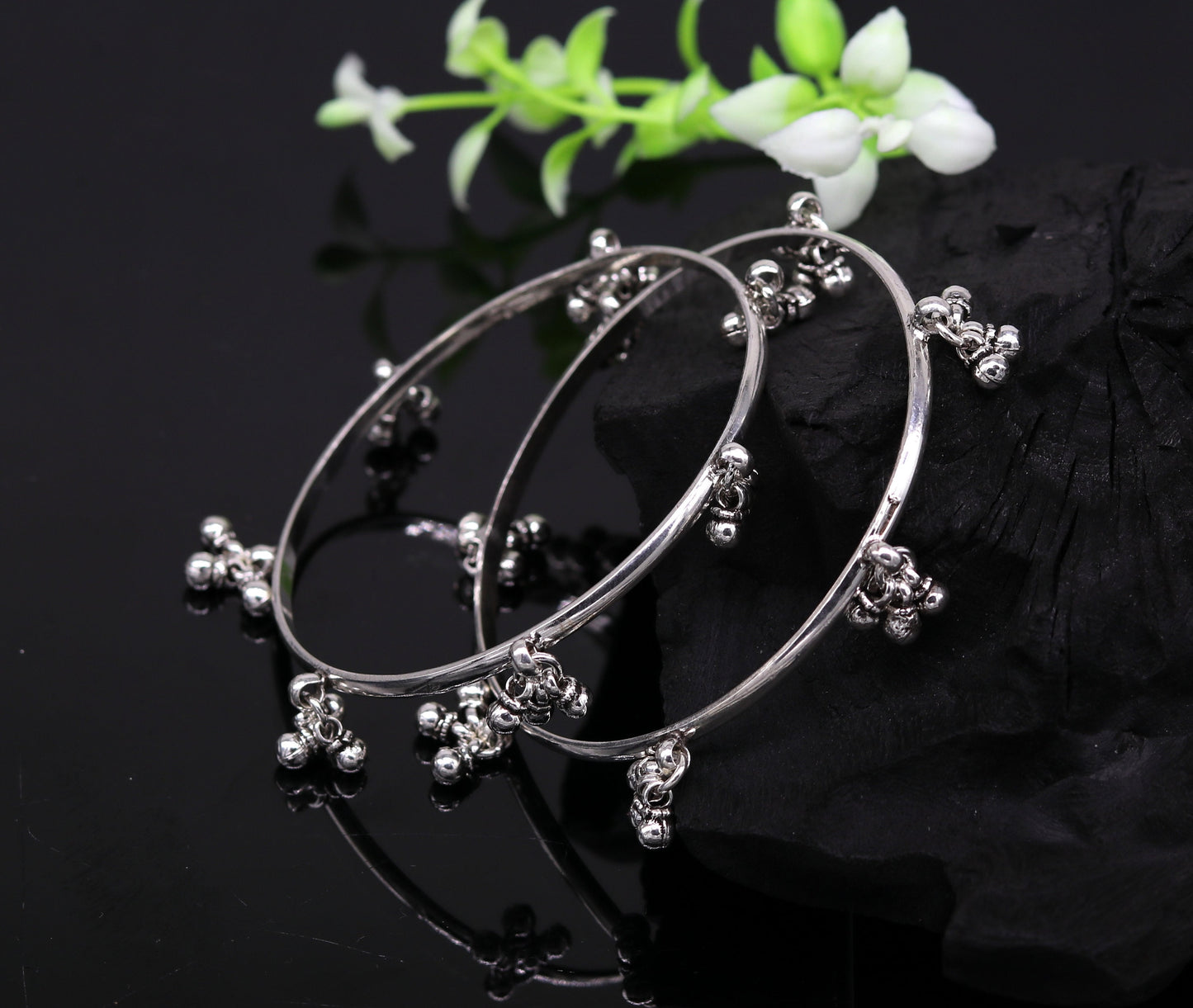 925 sterling silver handmade customized excellent hanging bells bridesmaid bangle bracelet kada , wedding personalized gifting jewelry ba91 - TRIBAL ORNAMENTS