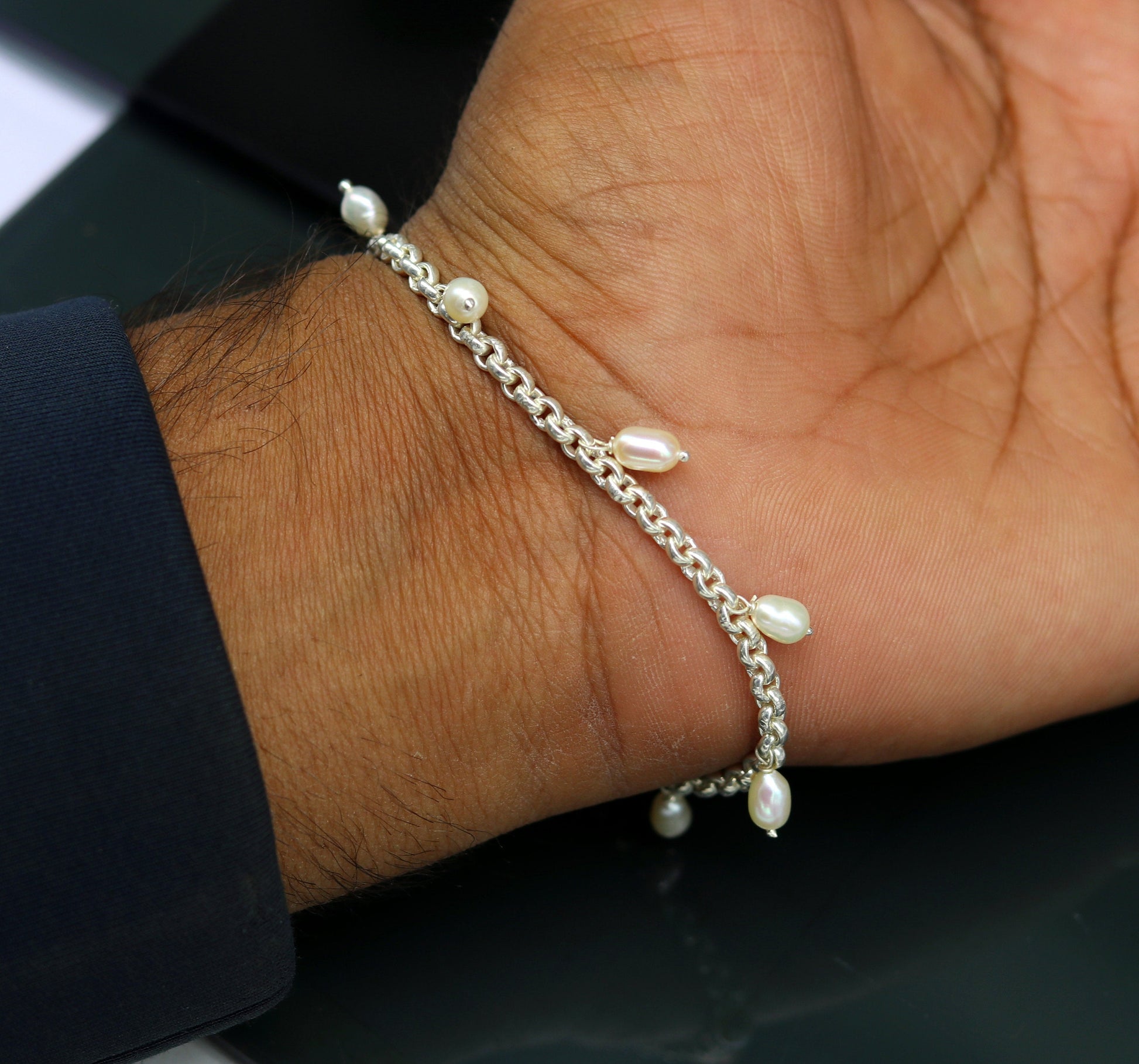 7.5" 925 sterling silver handmade customized charm bracelet, stylish pearl bracelet unisex gifting jewelry belly dance jewelry nsbr191 - TRIBAL ORNAMENTS