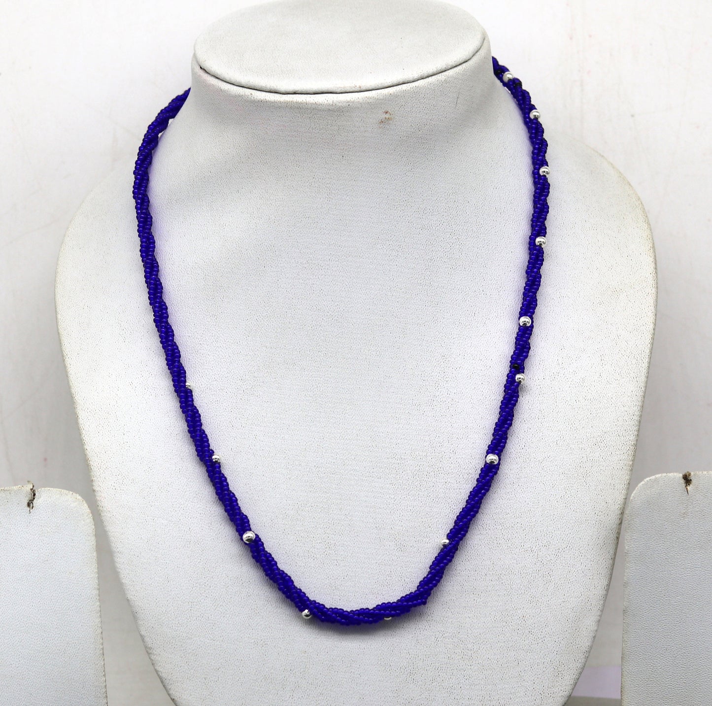 18.5" 925 sterling silver galaxy necklace triple strands blue semi precious stone beads with randomly placed silver beads necklace set137 - TRIBAL ORNAMENTS