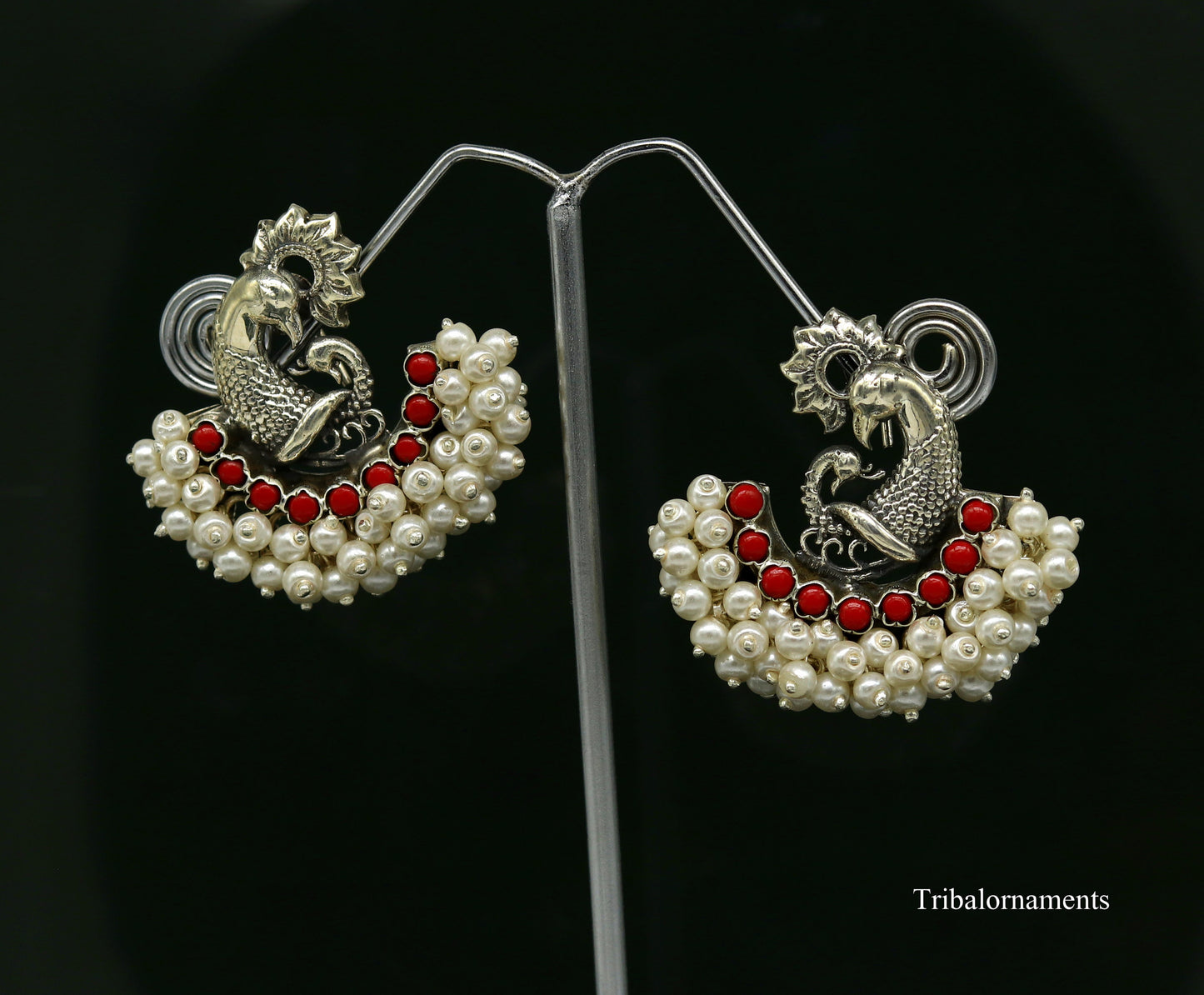 925 sterling silver handmade gorgeous peacock design stud earring with gorgeous red and pearl stone customized earring tribal jewelry s859 - TRIBAL ORNAMENTS