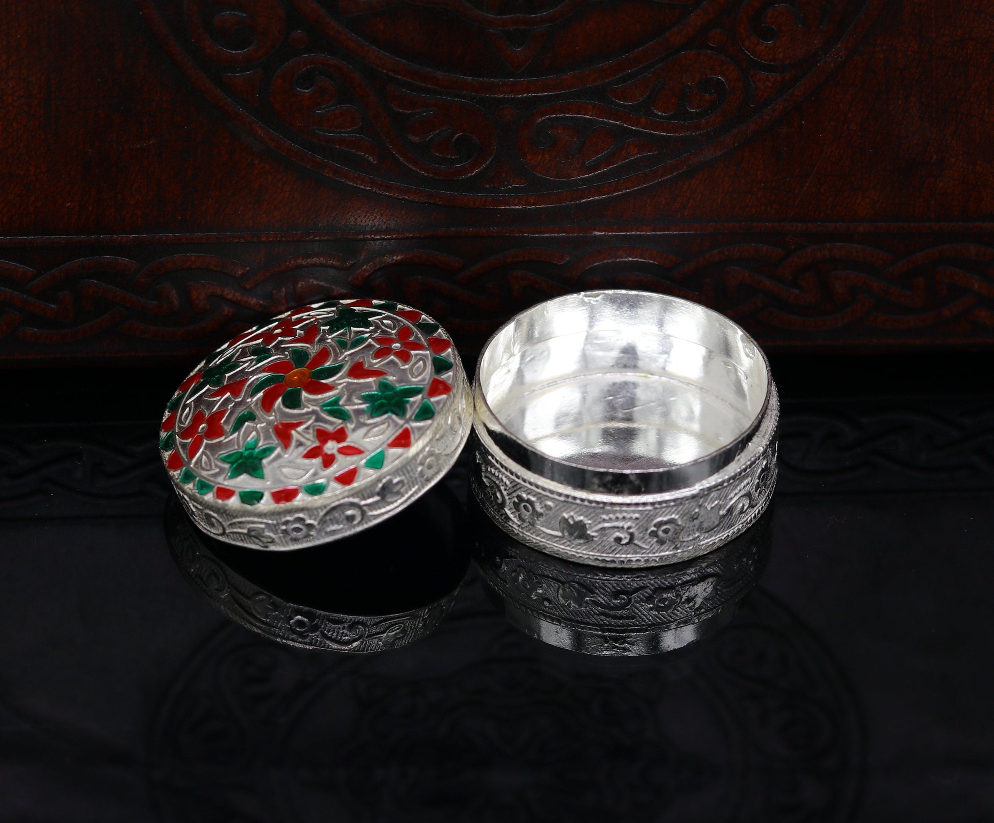 925 sterling silver trinket box, kumkum box/ casket box bridal gifts enamel jewelry box collection, container box, jewelry box art stb49 - TRIBAL ORNAMENTS