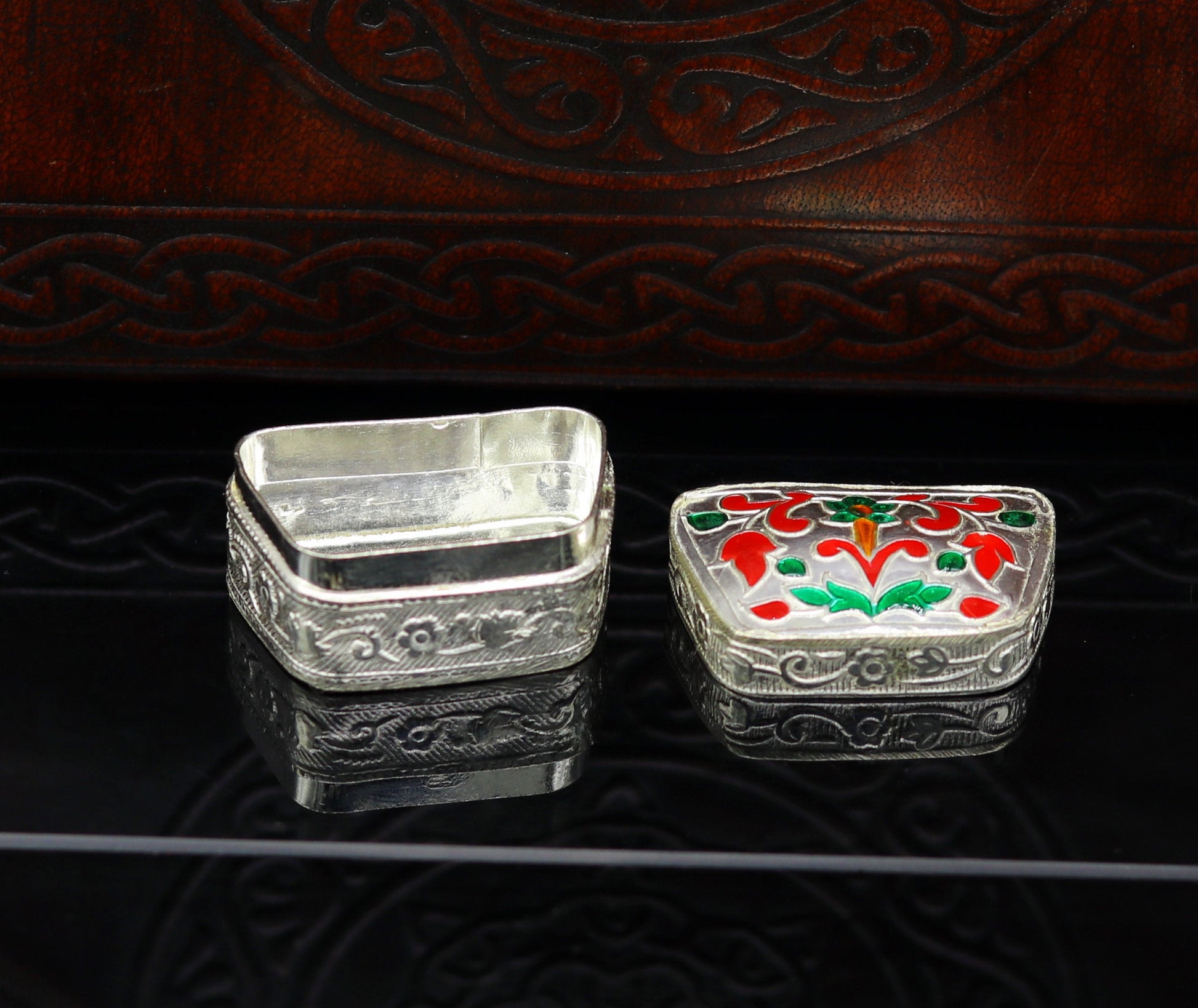 Enamel floral work 925 solid silver utensils trinket box, casket box, container box, jewelry box, silver utensils, vessels bridal gift stb60 - TRIBAL ORNAMENTS