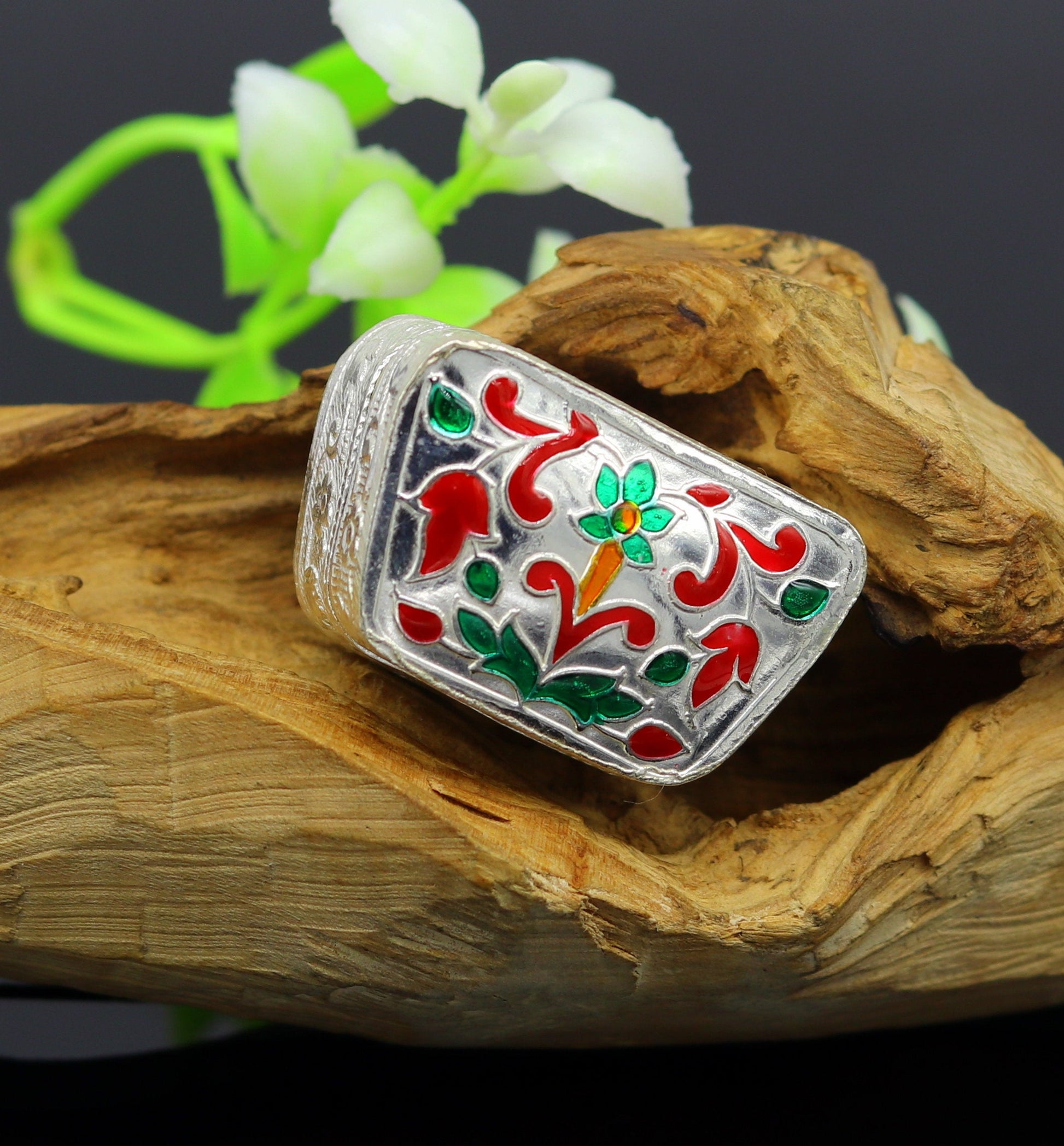 Enamel floral work 925 solid silver utensils trinket box, casket box, container box, jewelry box, silver utensils, vessels bridal gift stb60 - TRIBAL ORNAMENTS
