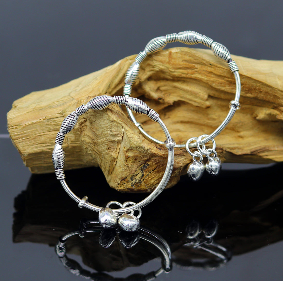 925 sterling silver handmade beaded vintage design adjustable charm baby bangles kada, silver new born kids jewelry, pretty gifts bbk64 - TRIBAL ORNAMENTS