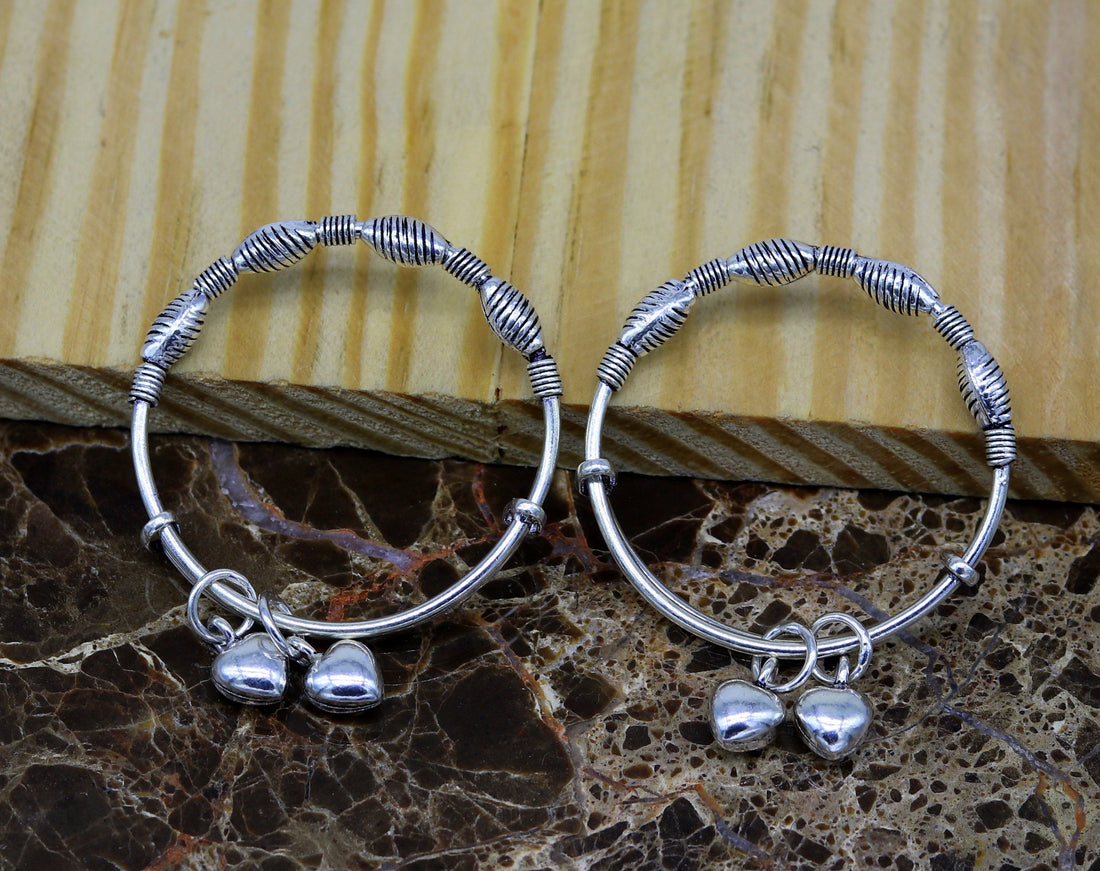 925 sterling silver handmade beaded vintage design adjustable charm baby bangles kada, silver new born kids jewelry, pretty gifts bbk64 - TRIBAL ORNAMENTS