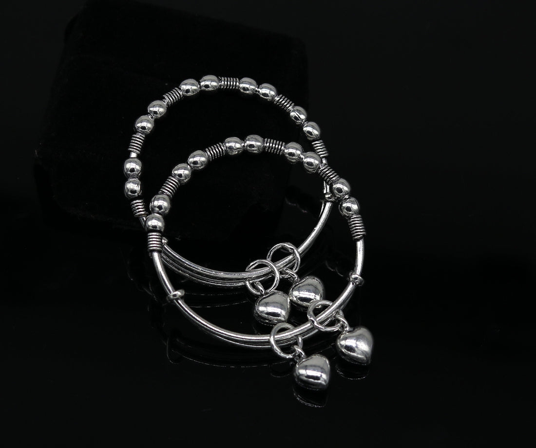 New fancy Beaded stylish 925 sterling silver adjustable charm baby bangles kada, silver new born kids jewelry, oxidized jewelry bbk68 - TRIBAL ORNAMENTS