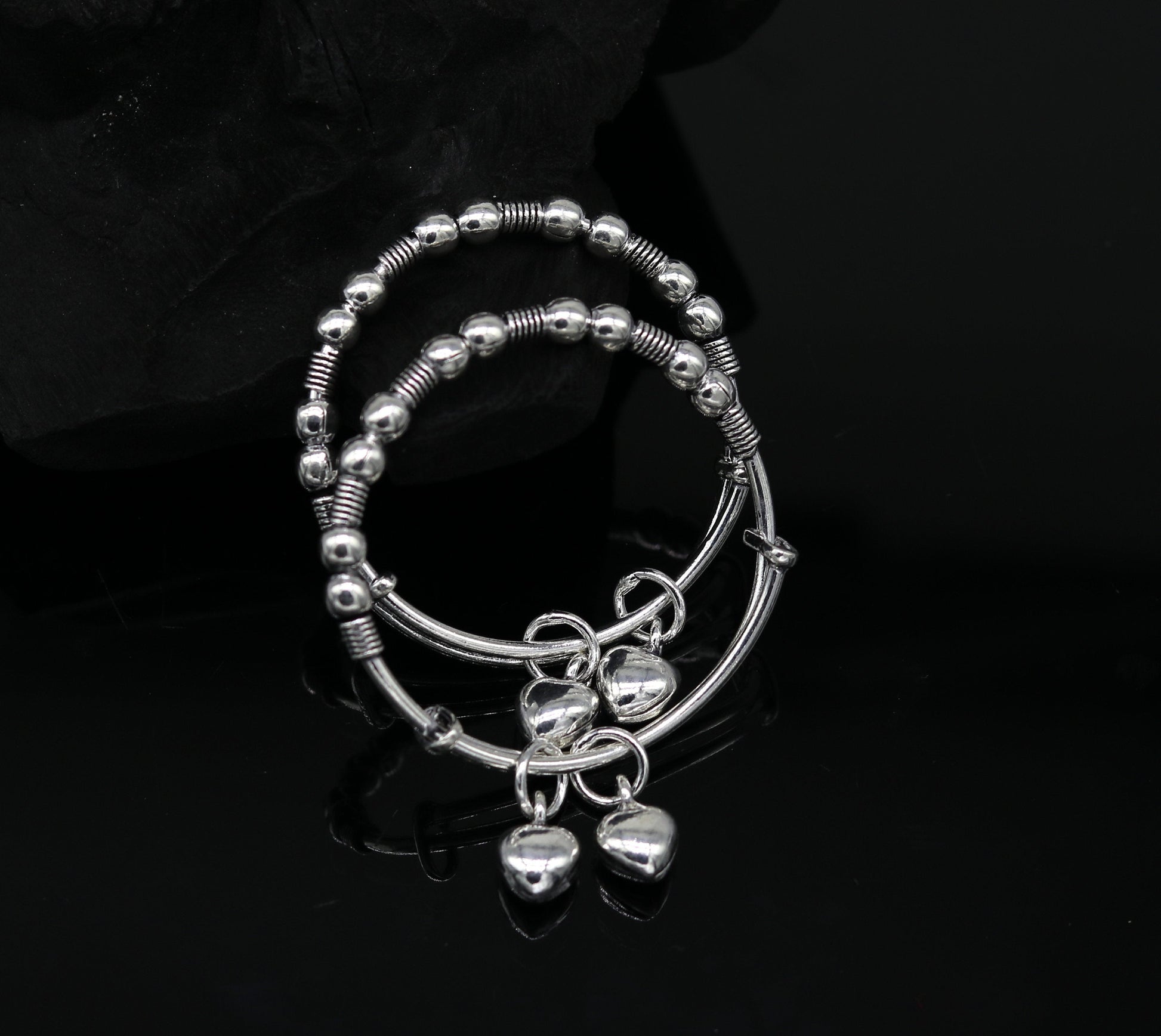 New fancy Beaded stylish 925 sterling silver adjustable charm baby bangles kada, silver new born kids jewelry, oxidized jewelry bbk68 - TRIBAL ORNAMENTS