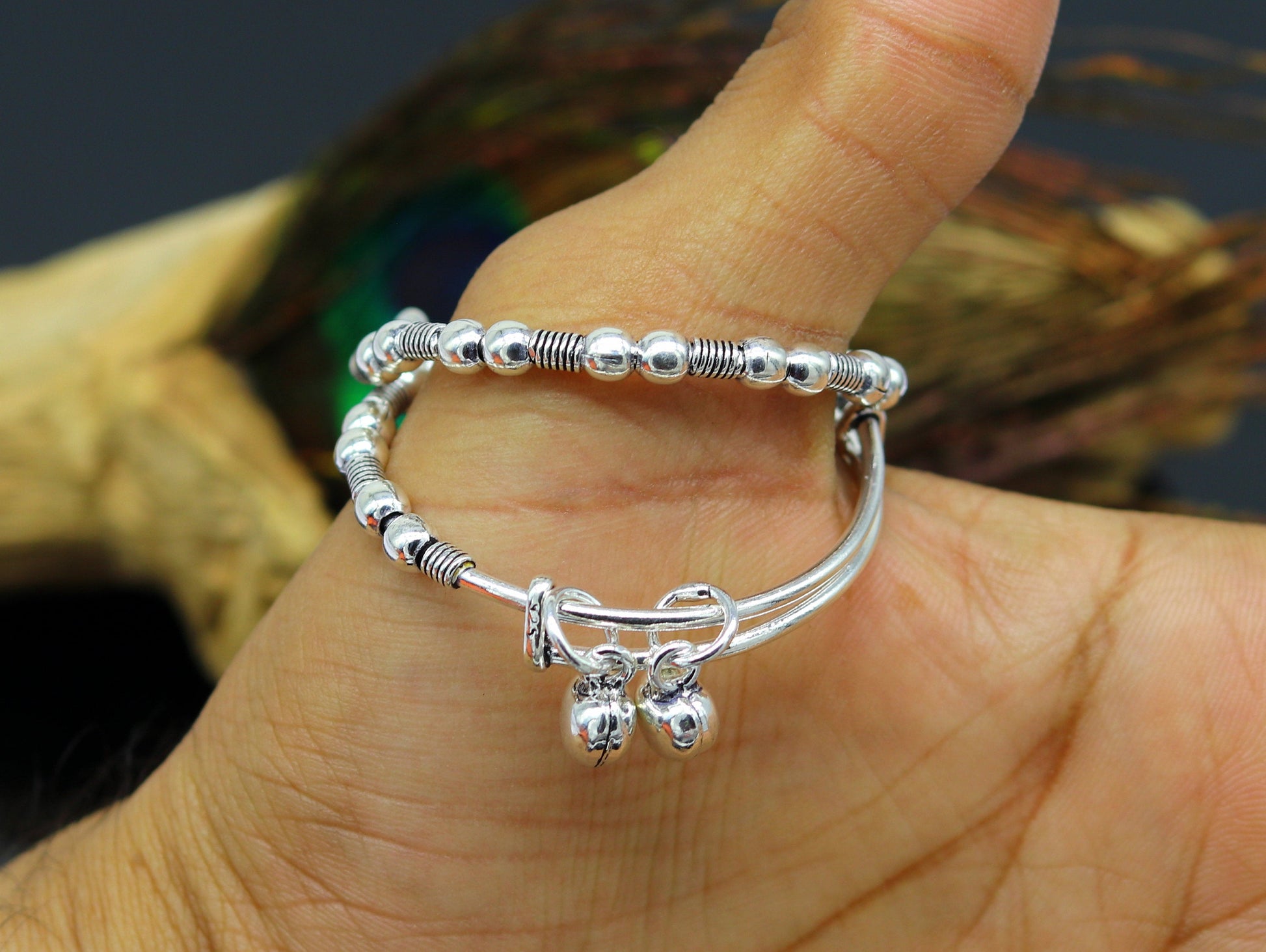 New fancy Beaded stylish 925 sterling silver adjustable charm baby bangles kada, silver new born kids jewelry, oxidized jewelry bbk68 - TRIBAL ORNAMENTS