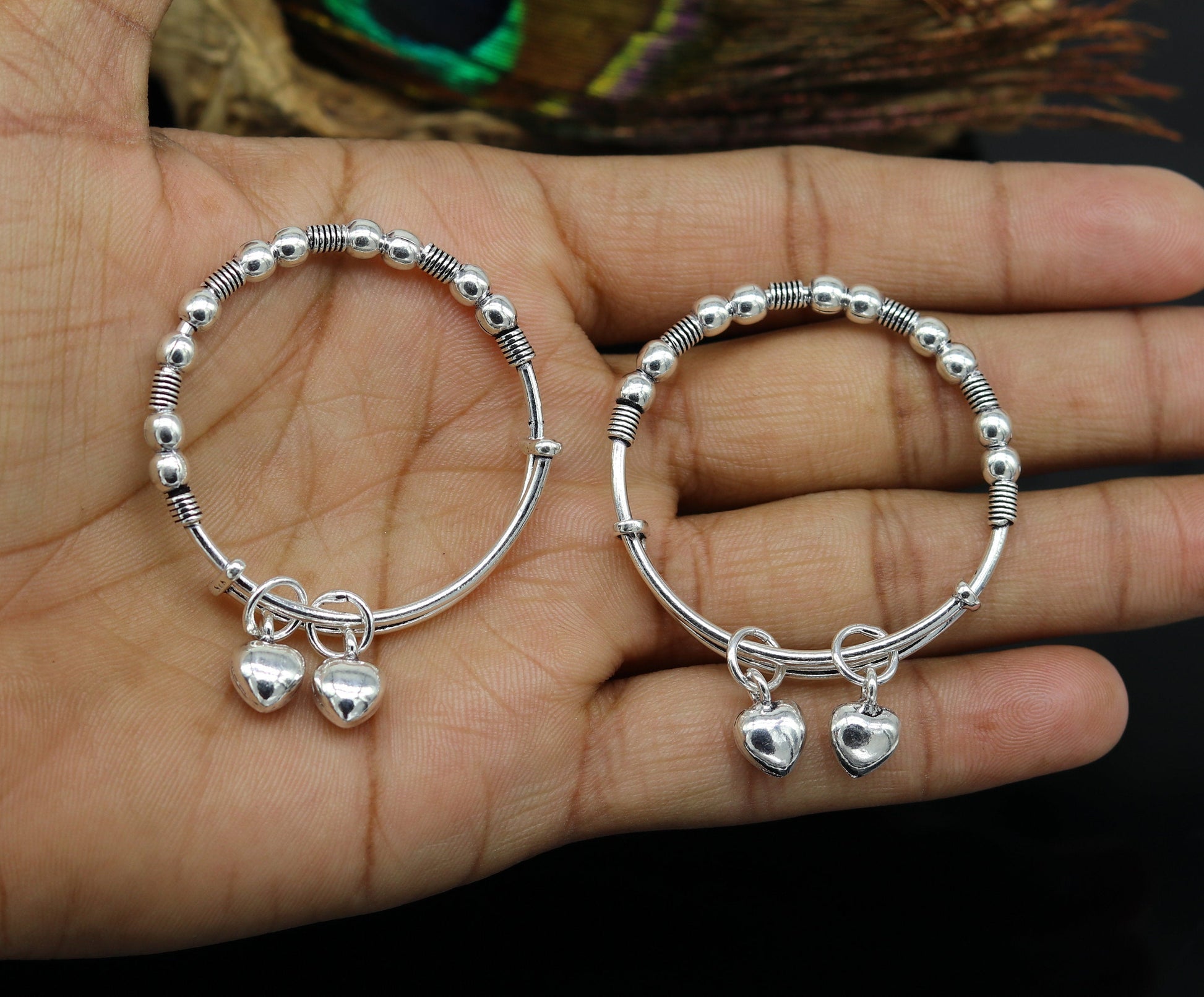 New fancy Beaded stylish 925 sterling silver adjustable charm baby bangles kada, silver new born kids jewelry, oxidized jewelry bbk68 - TRIBAL ORNAMENTS