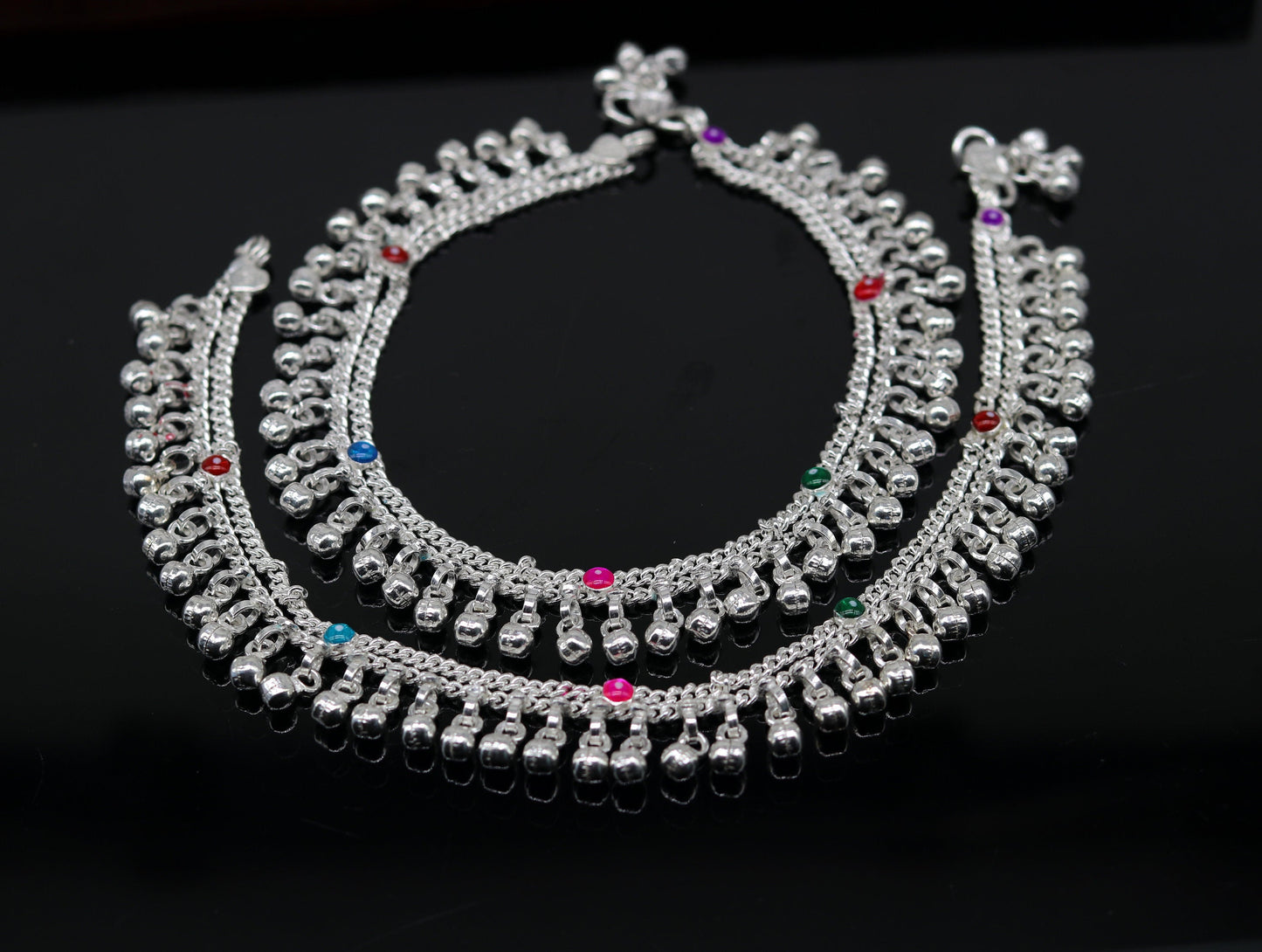 10" Sterling silver handmade double chain anklets bracelet, best jingling noisy ankles feet bracelet charm belly dance jewelry india ank259 - TRIBAL ORNAMENTS