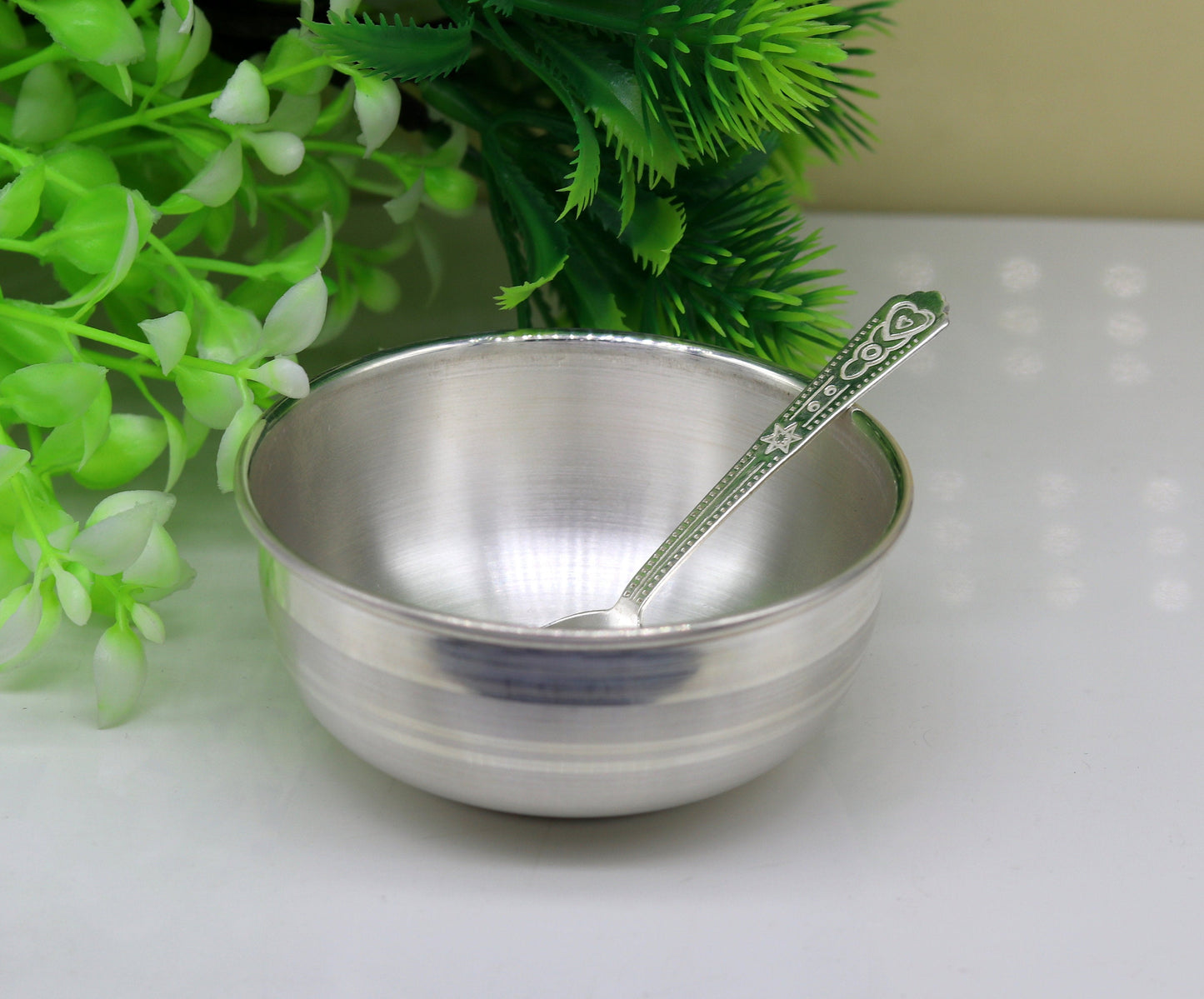 999 solid pure silver handmade utensils bowl and spoon, table serving bowl, silver vessel, baby feeding, silver kitchen art baby set sv88 - TRIBAL ORNAMENTS