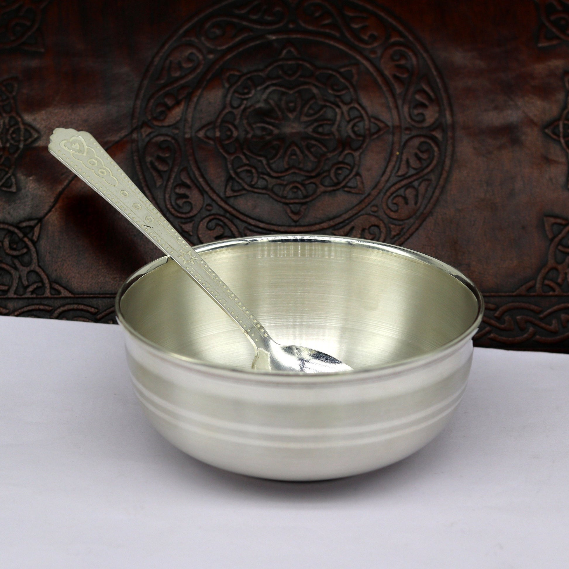 Awesome 999 fine solid silver handmade bowl tray for baby food, pure silver vessel, silver utensils, home and kitchen accessories india sv94 - TRIBAL ORNAMENTS