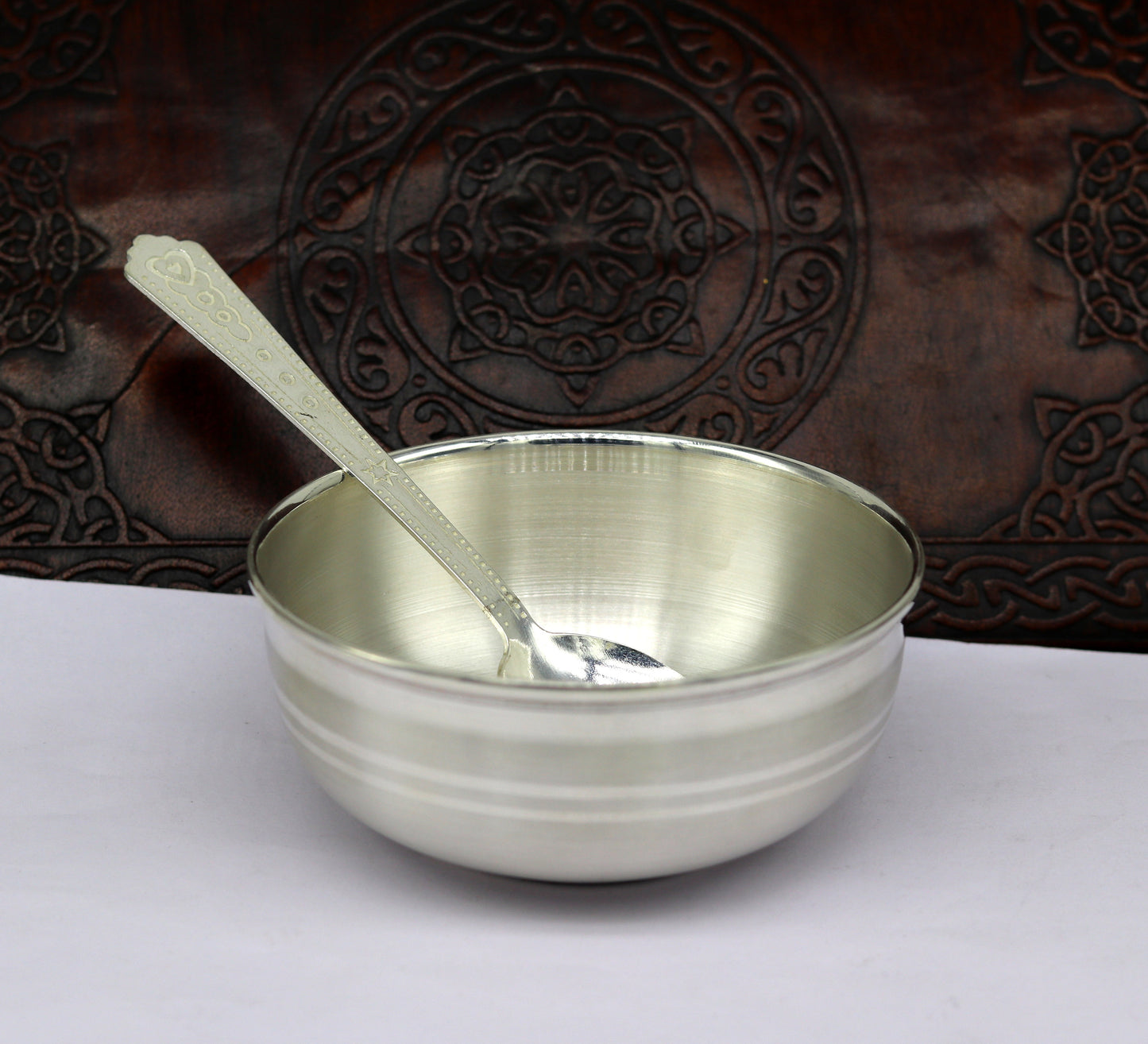 999 fine solid silver handmade bowl tray for baby food, pure silver vessel, silver utensils, home and kitchen accessories india sv93 - TRIBAL ORNAMENTS