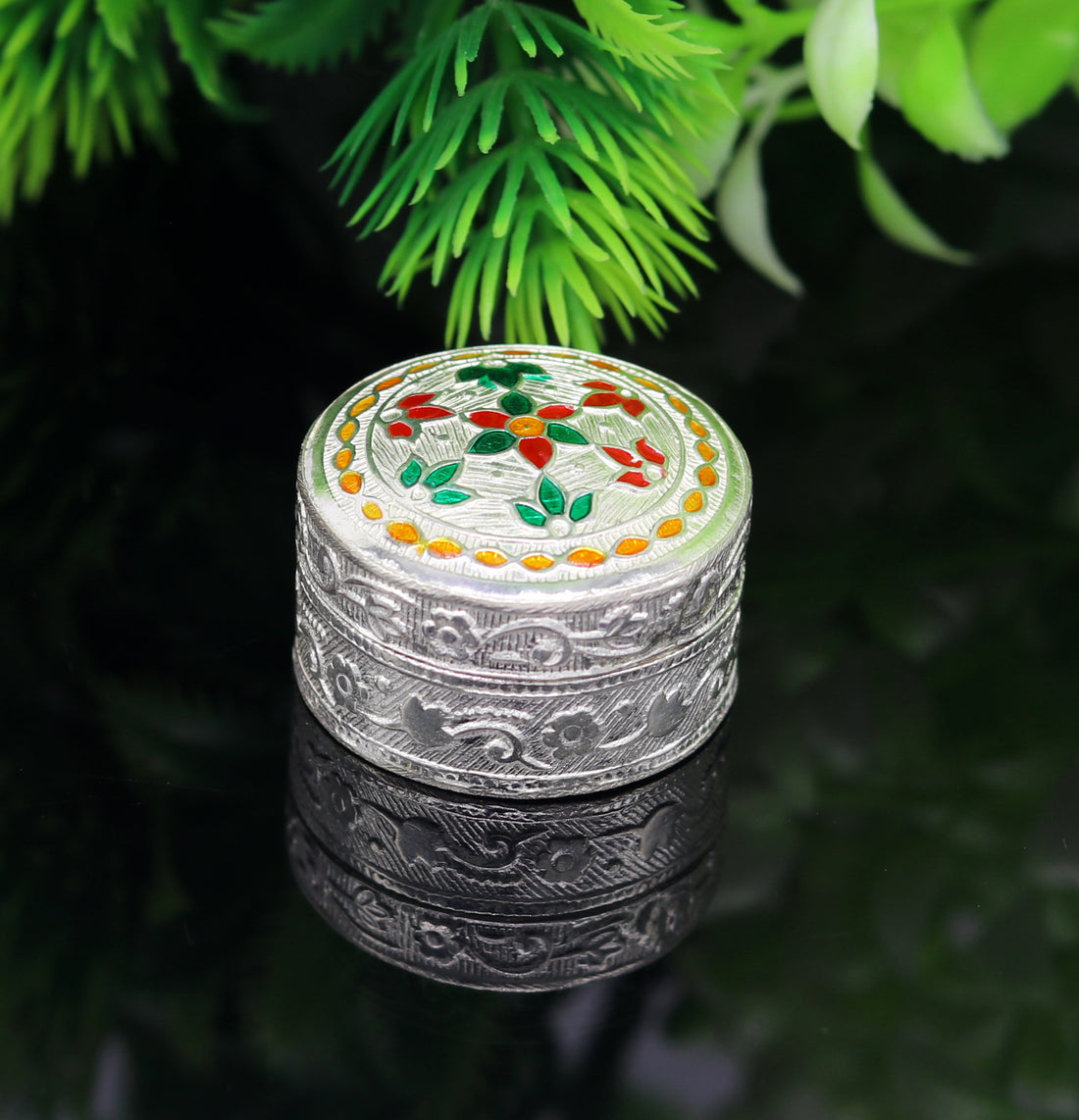 Customized flower work 925 sterling silver trinket box, container box, small jewelry box, Vermilion bridal box, gifting ring box stb58 - TRIBAL ORNAMENTS