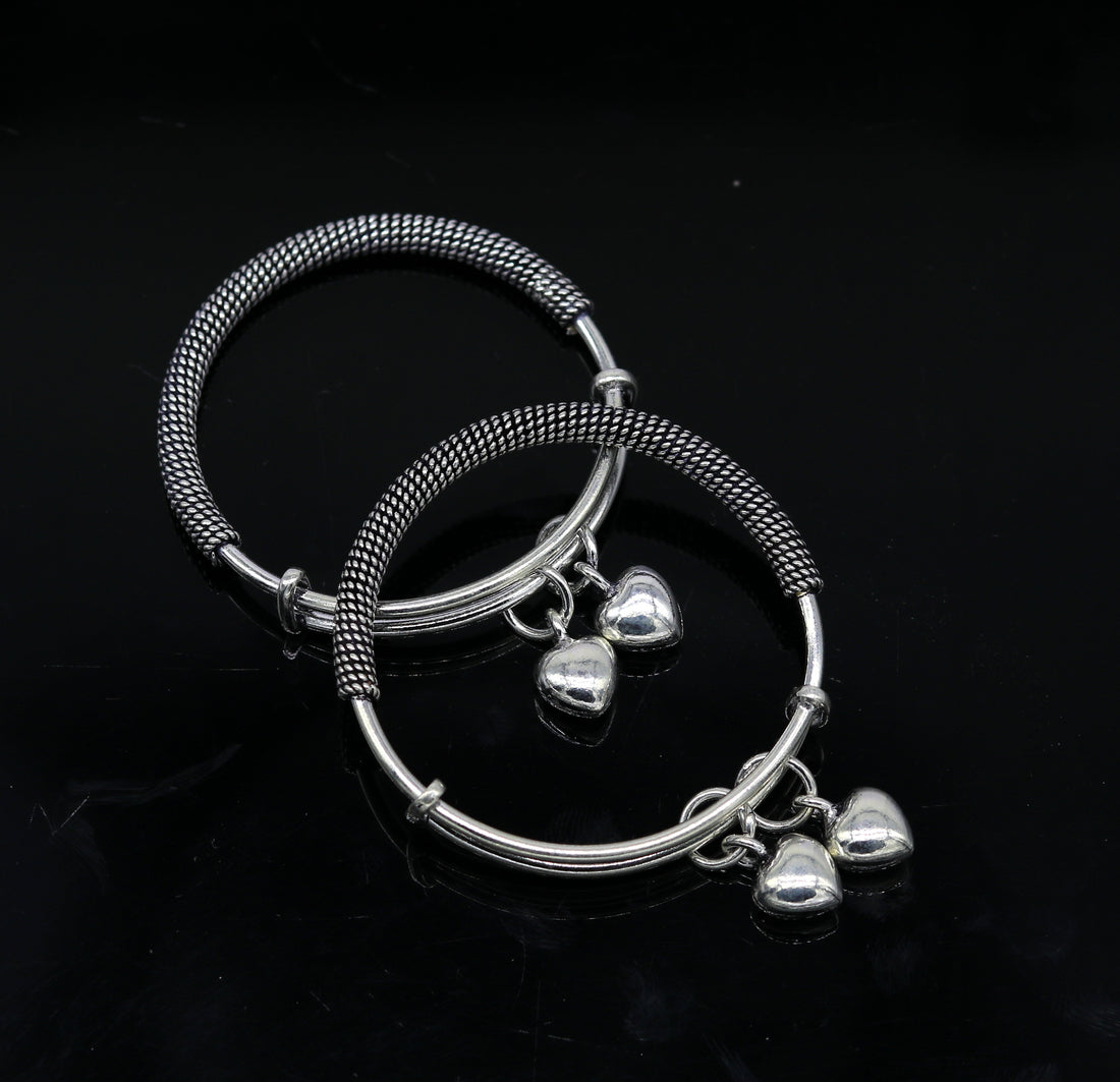 925 sterling silver handmade fancy adjustable baby bangle kada bracelet, fabulous heart shape hangings charm bangles unisex kids bbk70 - TRIBAL ORNAMENTS