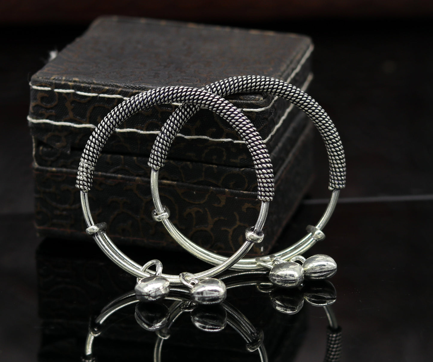 925 sterling silver handmade fancy adjustable baby bangle kada bracelet, fabulous heart shape hangings charm bangles unisex kids bbk70 - TRIBAL ORNAMENTS