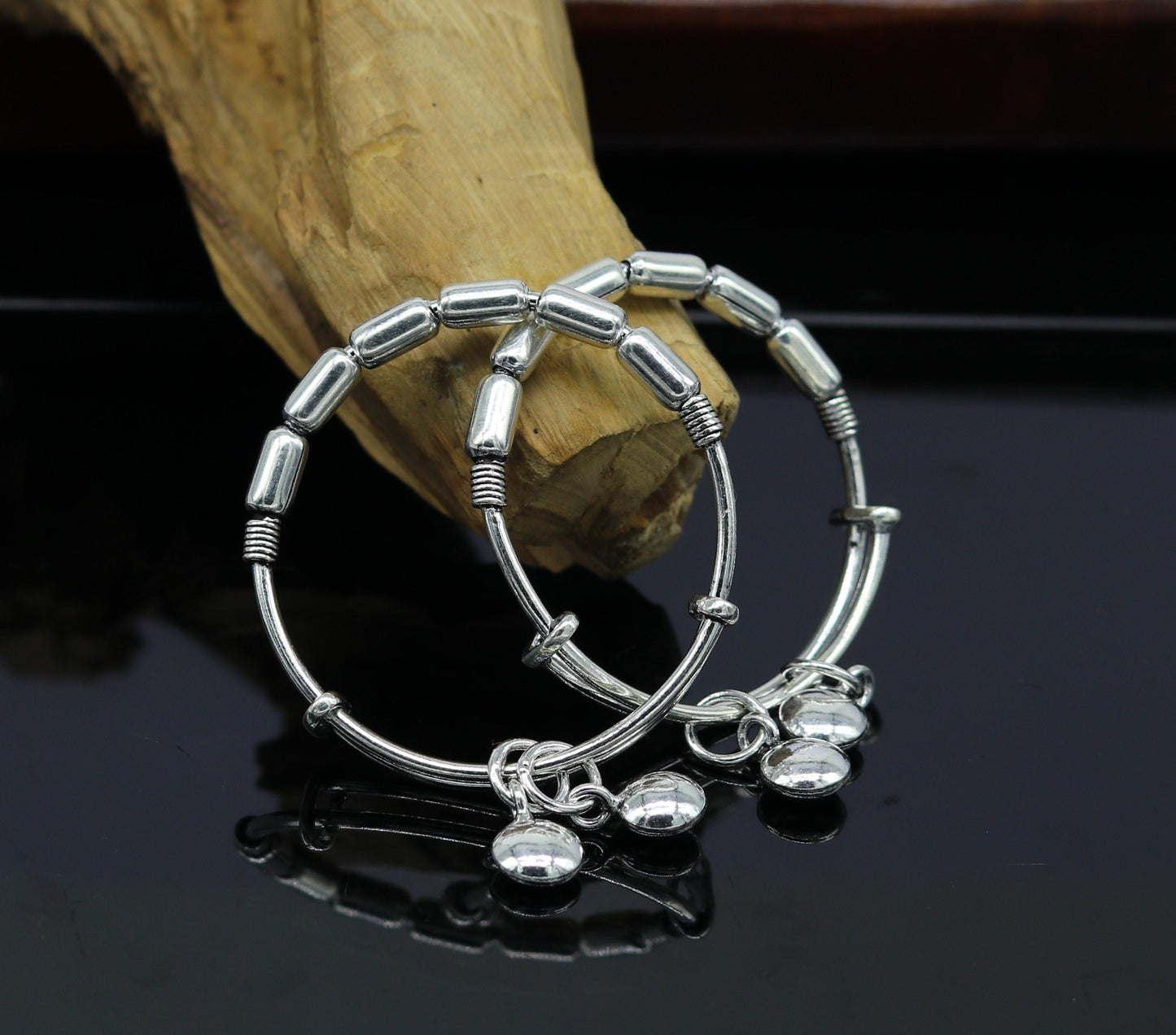 Exclusive 925 sterling silver handmade adjustable baby bangle kada bracelet, fabulous heart shape hangings charm bangles unisex kids bbk72 - TRIBAL ORNAMENTS