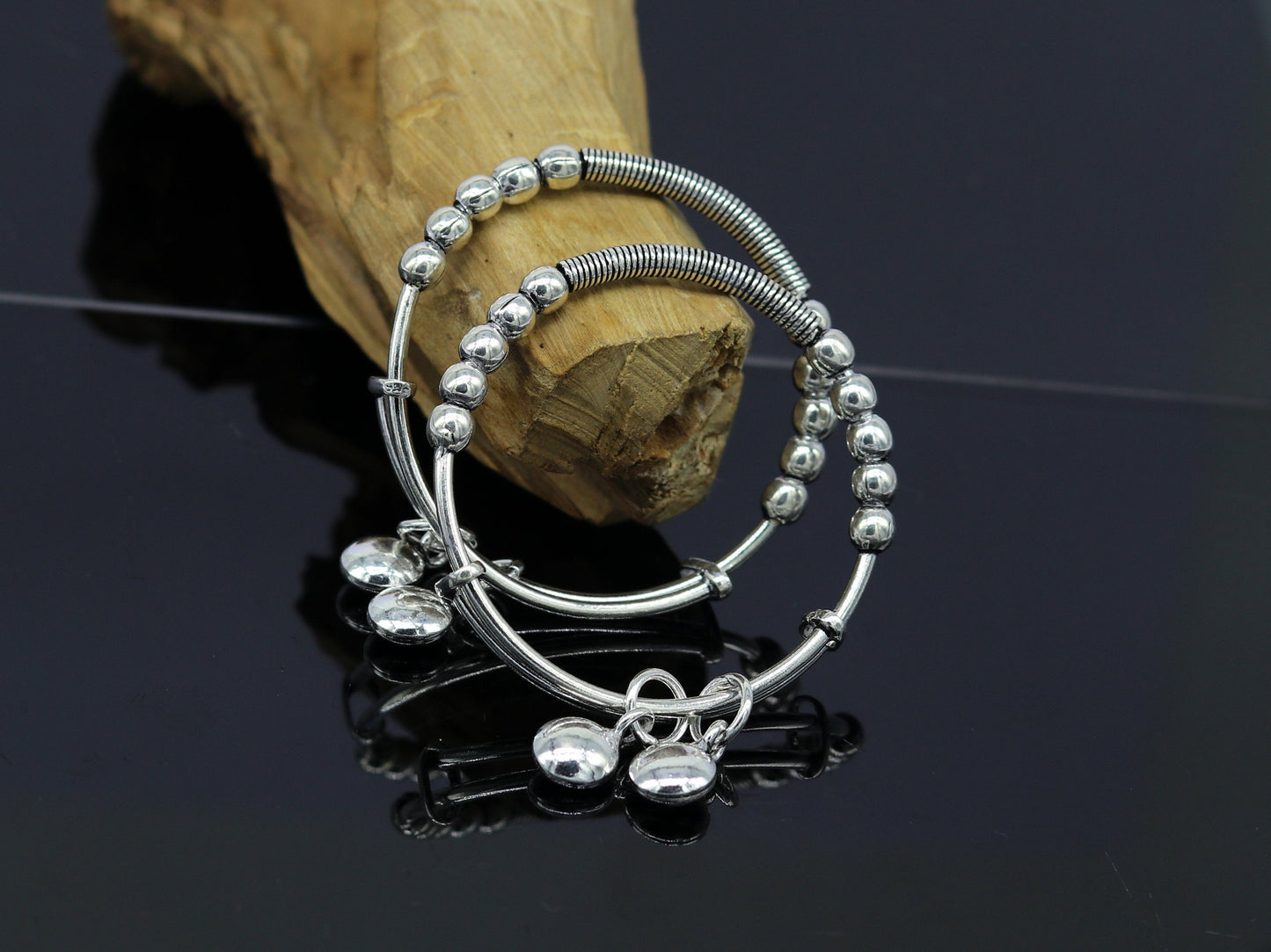 925 sterling silver handmade beaded design adjustable baby bangle bracelet, hangings charm bangles unisex personalized kids jewelry bbk75 - TRIBAL ORNAMENTS