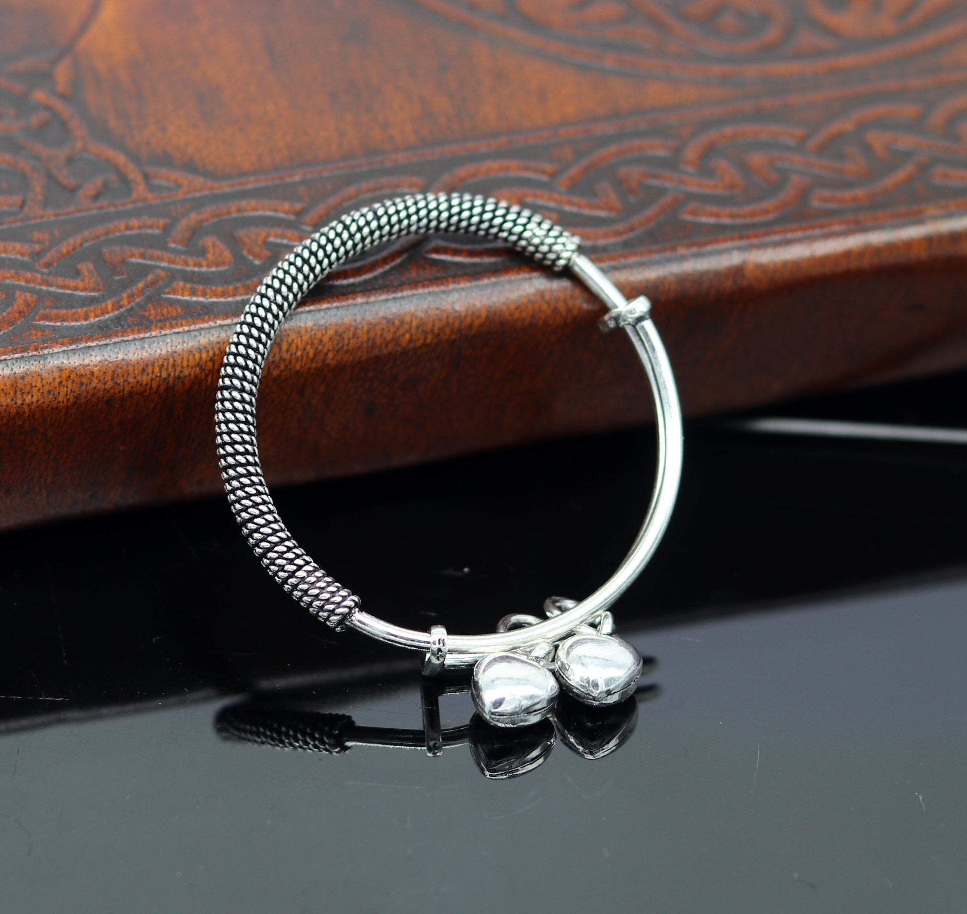 Stylish charm oxidized 925 sterling silver adjustable baby solid bangle bracelet, charm bangle, tribal unisex kids jewelry bbk84 - TRIBAL ORNAMENTS