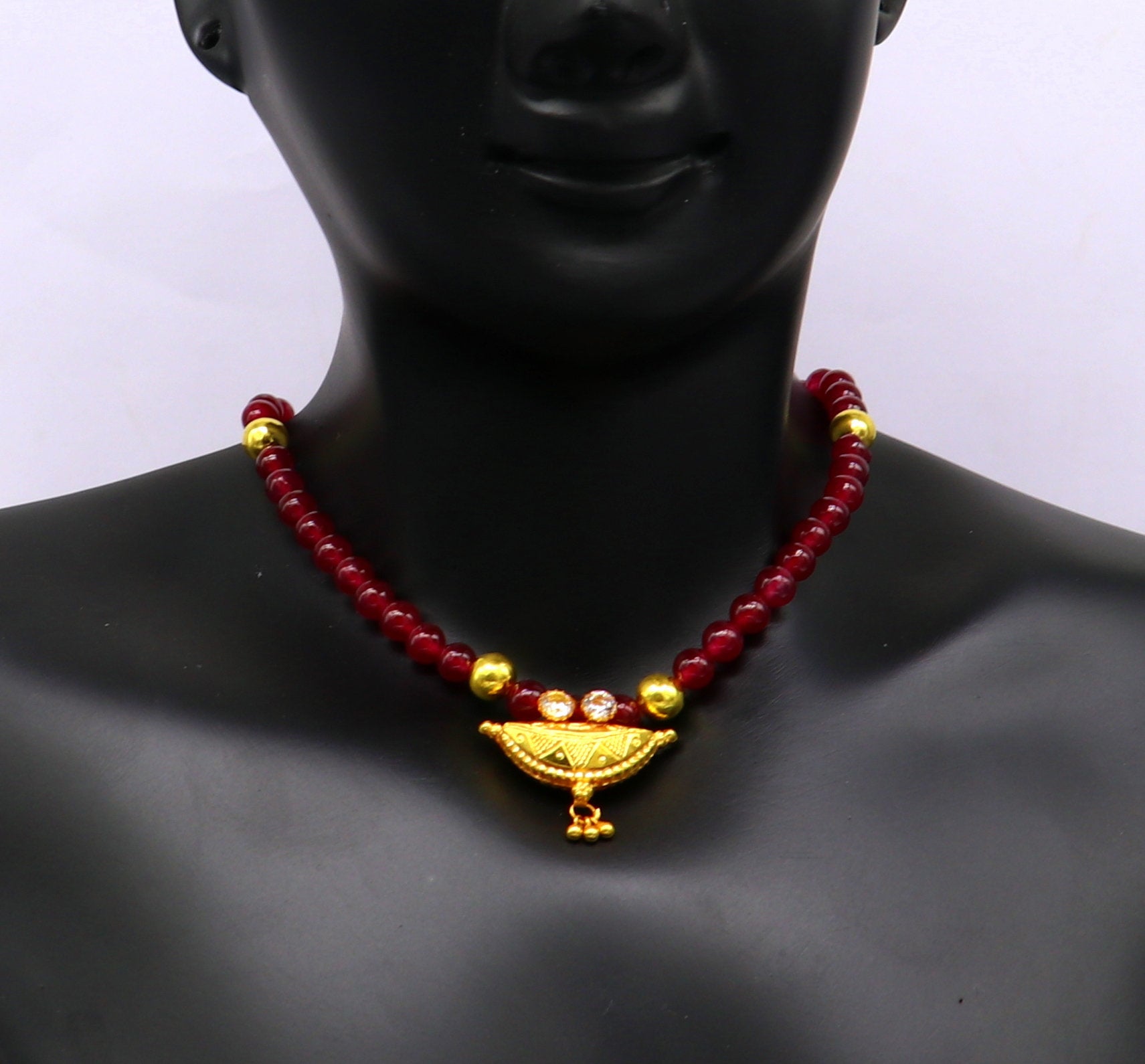 Vintage design handmade 20kt yellow gold amulet pendant with red color beaded necklace, fabulous girl's gift stylish tribal jewelry ap02 - TRIBAL ORNAMENTS