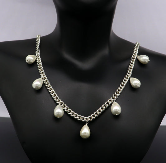 925 sterling silver handmade charm curb cuban link chain necklace, excellent hanging pearl necklace, stylish bridesmaid gift jewelry set146 - TRIBAL ORNAMENTS