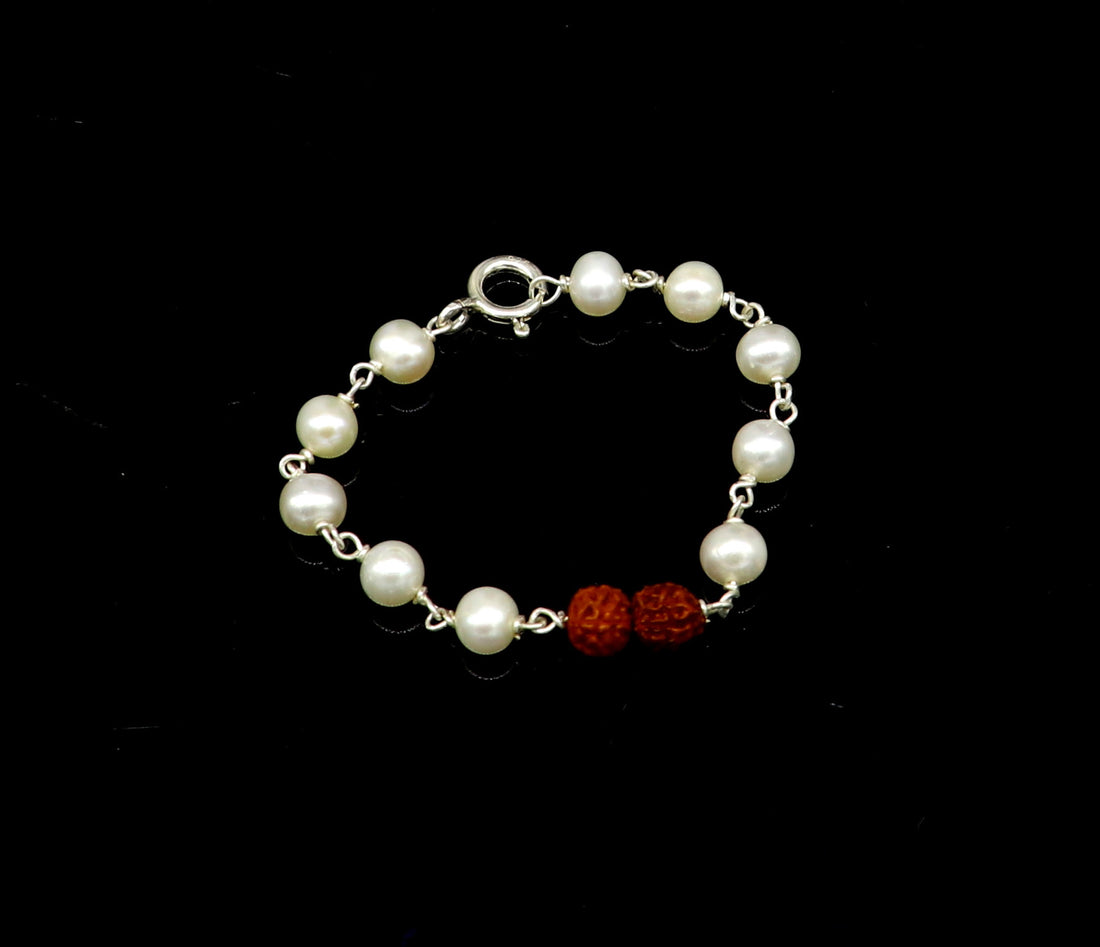 925 sterling silver handmade fabulous natural white pearl beaded baby bracelet with rudraksha, best gift for kids bracelets jewelry bbr02 - TRIBAL ORNAMENTS