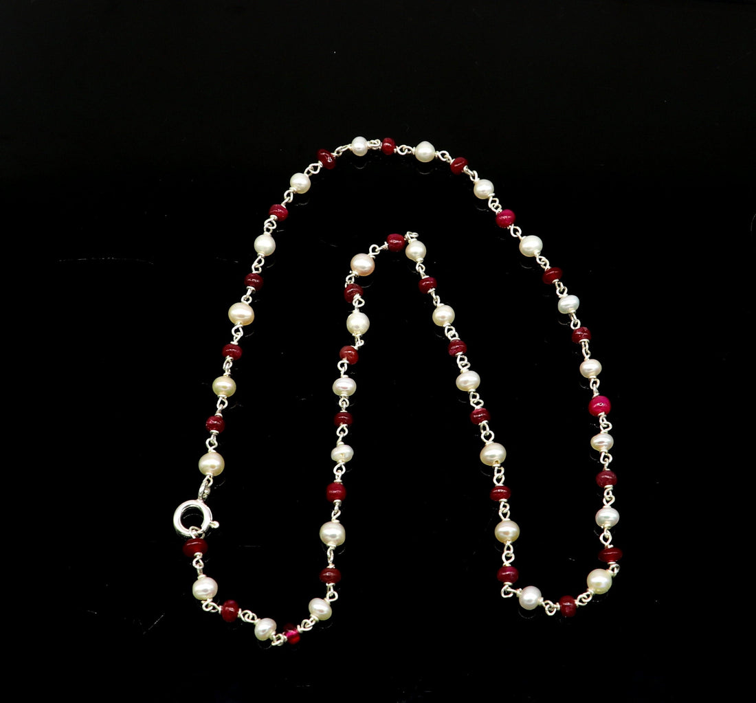 Elegant pearl and red stone custom made 925 sterling silver 16" long beaded necklace, gorgeous girl's women's daily use best gifting ch100 - TRIBAL ORNAMENTS