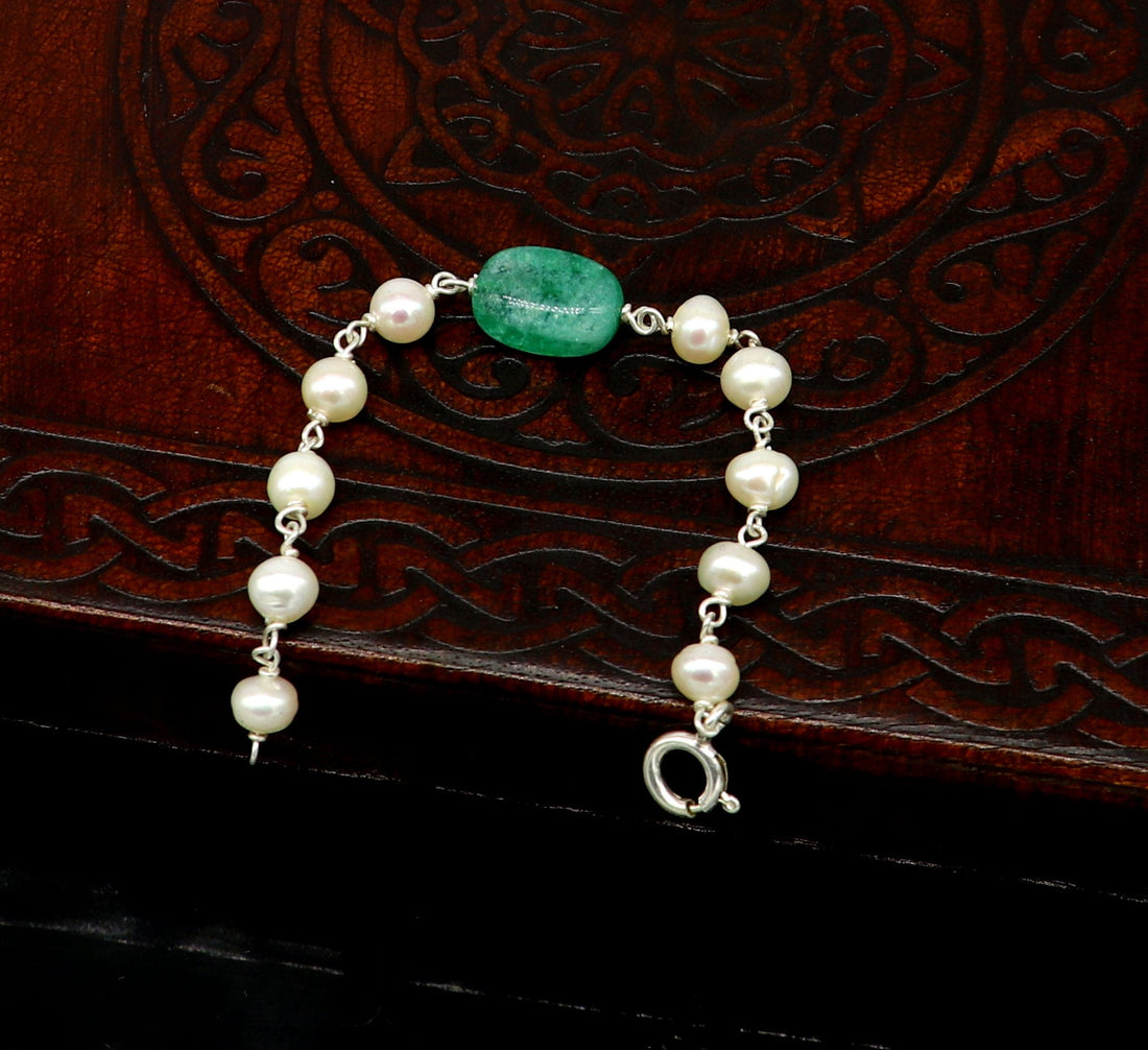 4.5 inches long handmade 925 sterling silver beaded bracelet, pearl and jade stone baby bracelet, unisex new born kids jewelry bbr5 - TRIBAL ORNAMENTS