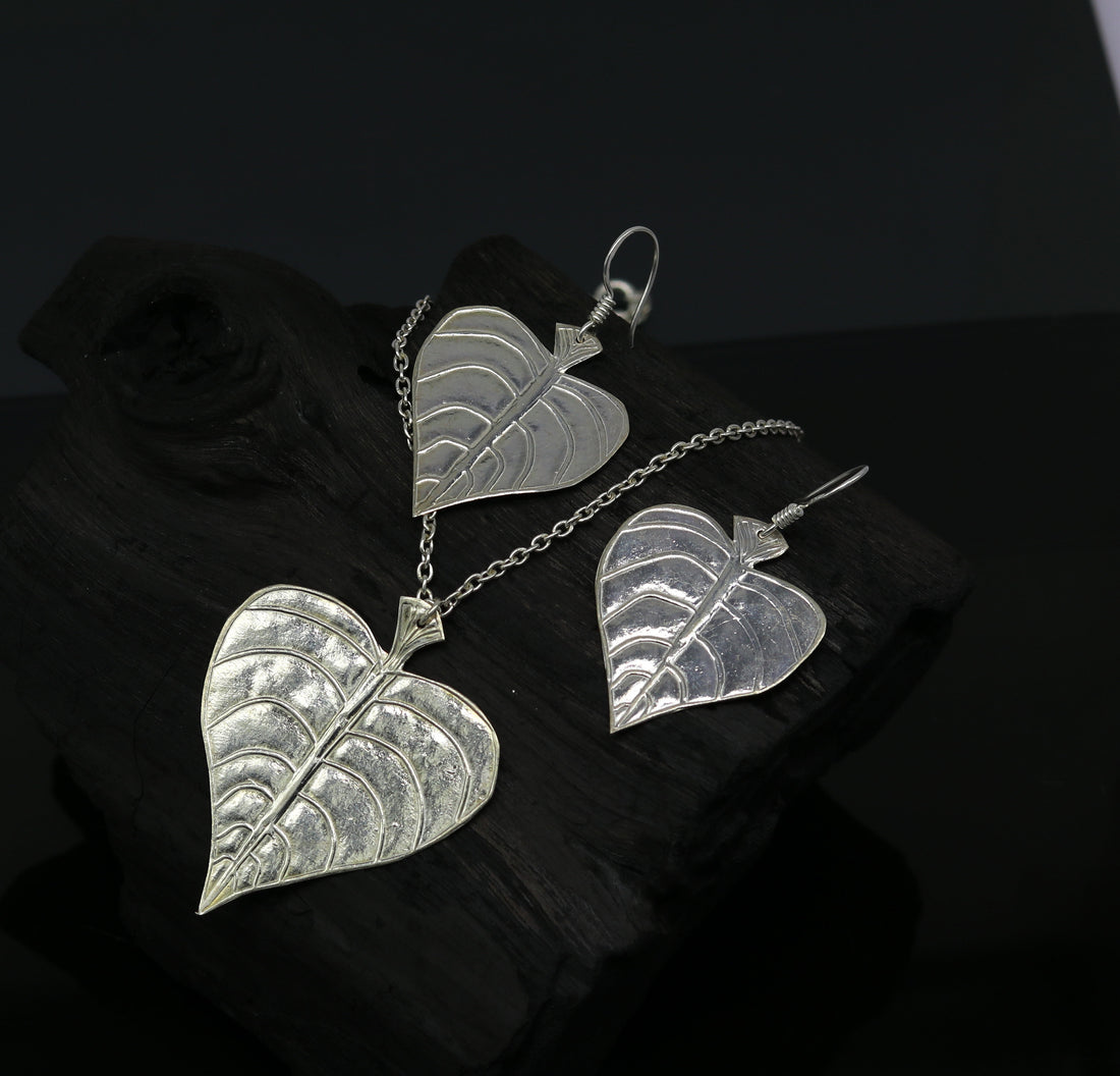 925 sterling silver heart shape peepal tree leaves pendant necklace and hoops earring customized brides jewelry, belly dance jewelry nec68 - TRIBAL ORNAMENTS