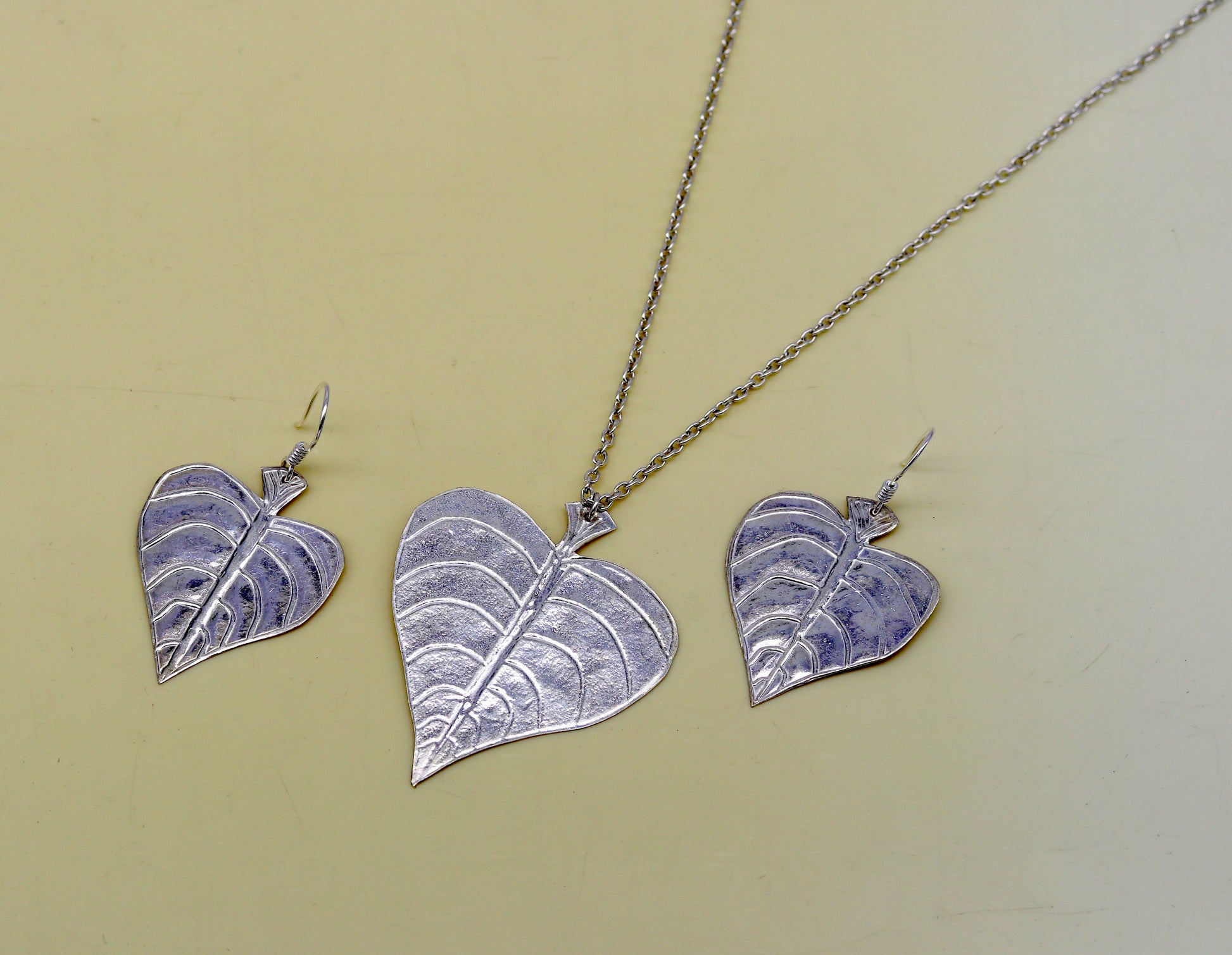 925 sterling silver heart shape peepal tree leaves pendant necklace and hoops earring customized brides jewelry, belly dance jewelry nec68 - TRIBAL ORNAMENTS